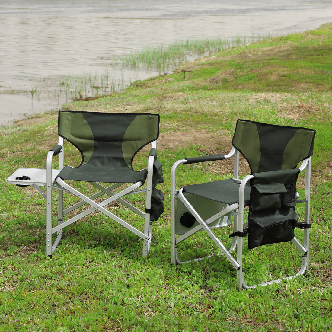 2 Piece Padded Folding Outdoor Chair With Side Table And Storage Pockets,Lightweight Oversized Directors Chair For Indoor, Outdoor Camping, Picnics And Fishing,Green Green Aluminum