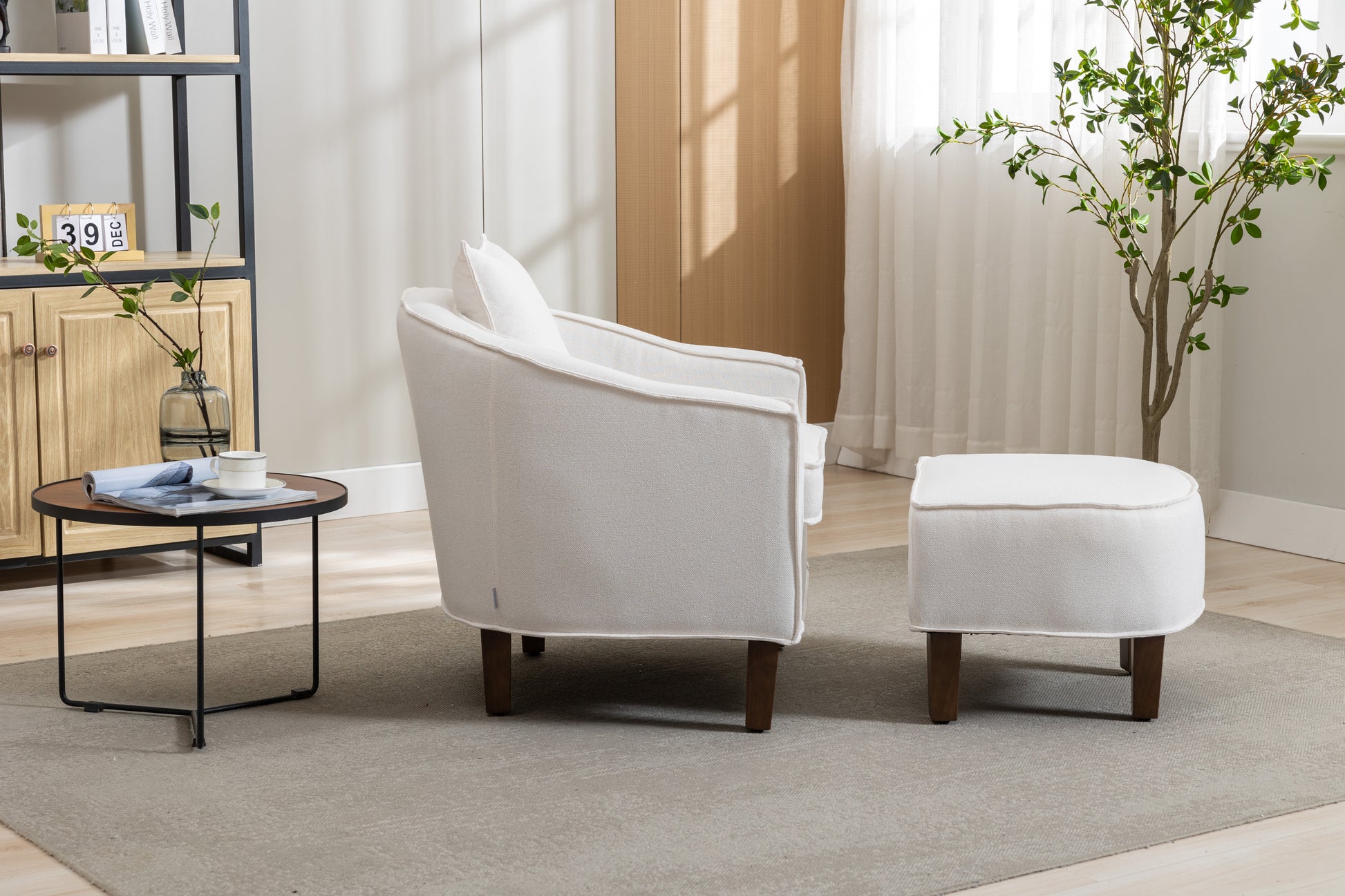 Coolmore Accent Chair With Ottoman, Mid Century Modern Barrel Chair Upholstered Club Tub Round Arms Chair For Living Room Beige Linen