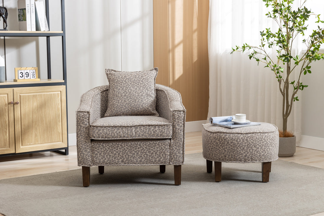 Coolmore Accent Chair With Ottoman, Mid Century Modern Barrel Chair Upholstered Club Tub Round Arms Chair For Living Room Leopard Gray Chenille