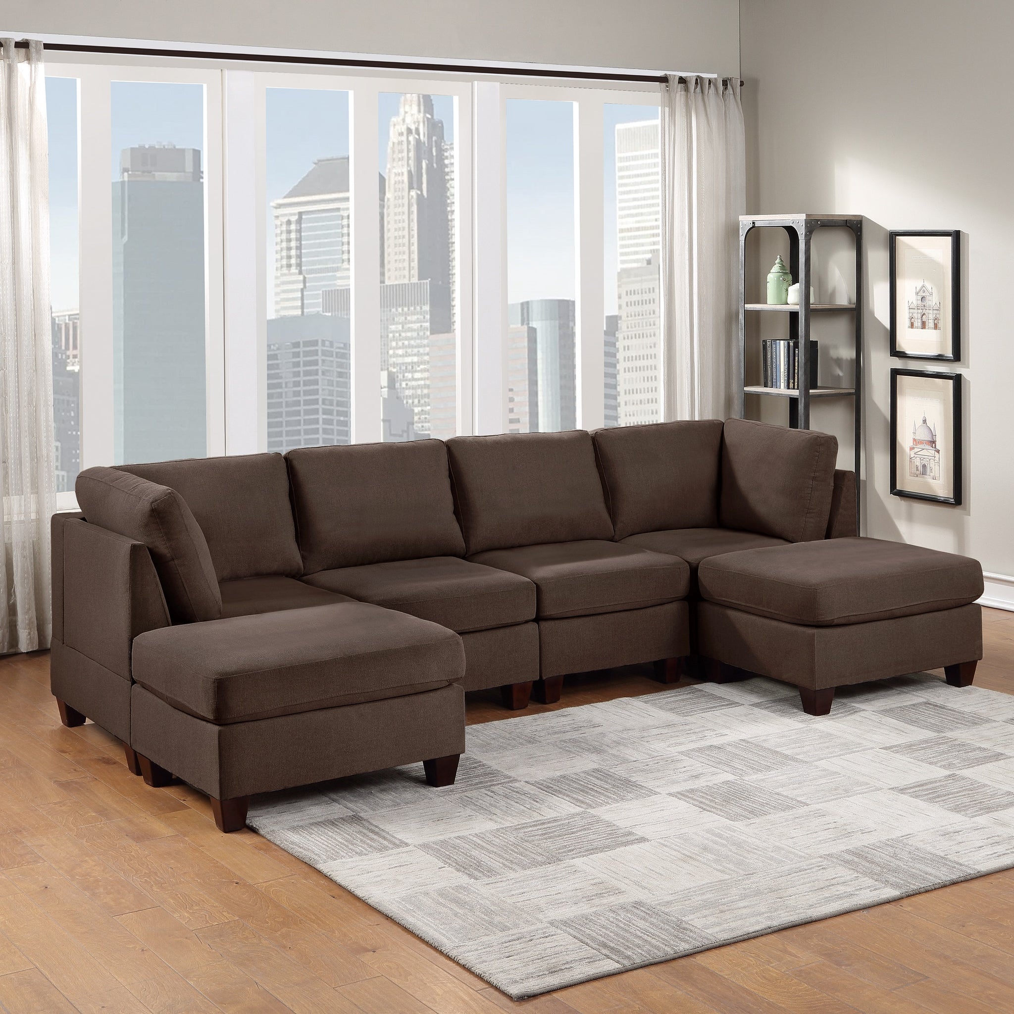 Modular Sectional 6Pc Set Living Room Furniture U Sectional Couch Black Coffee Linen Like Fabric 2X Corner Wedge 2X Armless Chairs And 2X Ottomans Coffee Wood Primary Living Space Cushion Back