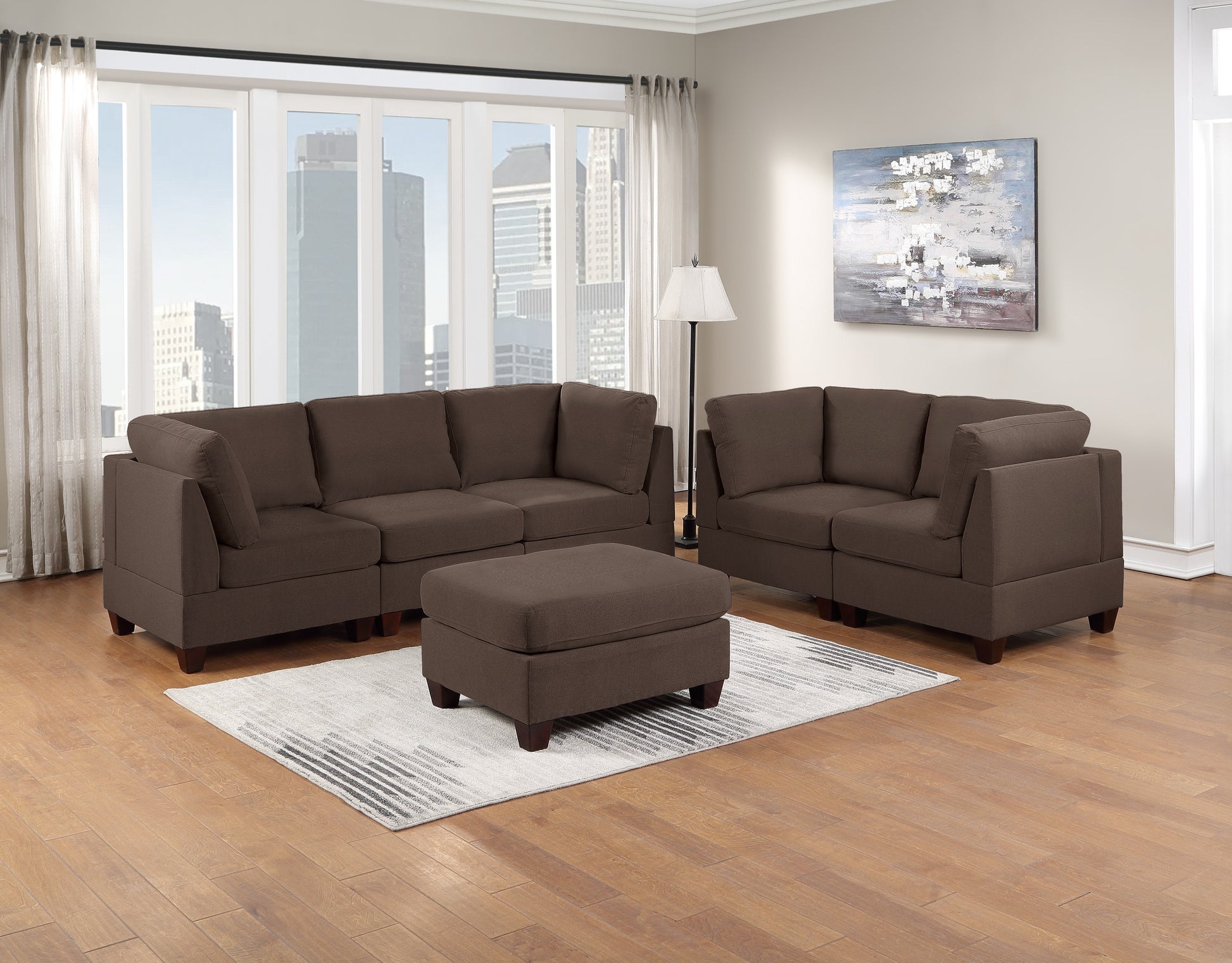 Modular Sofa Set 6Pc Set Living Room Furniture Sofa Loveseat Couch Black Coffee Linen Like Fabric 4X Corner Wedge 1X Armless Chair And 1X Ottoman Coffee Primary Living Space Cushion Back