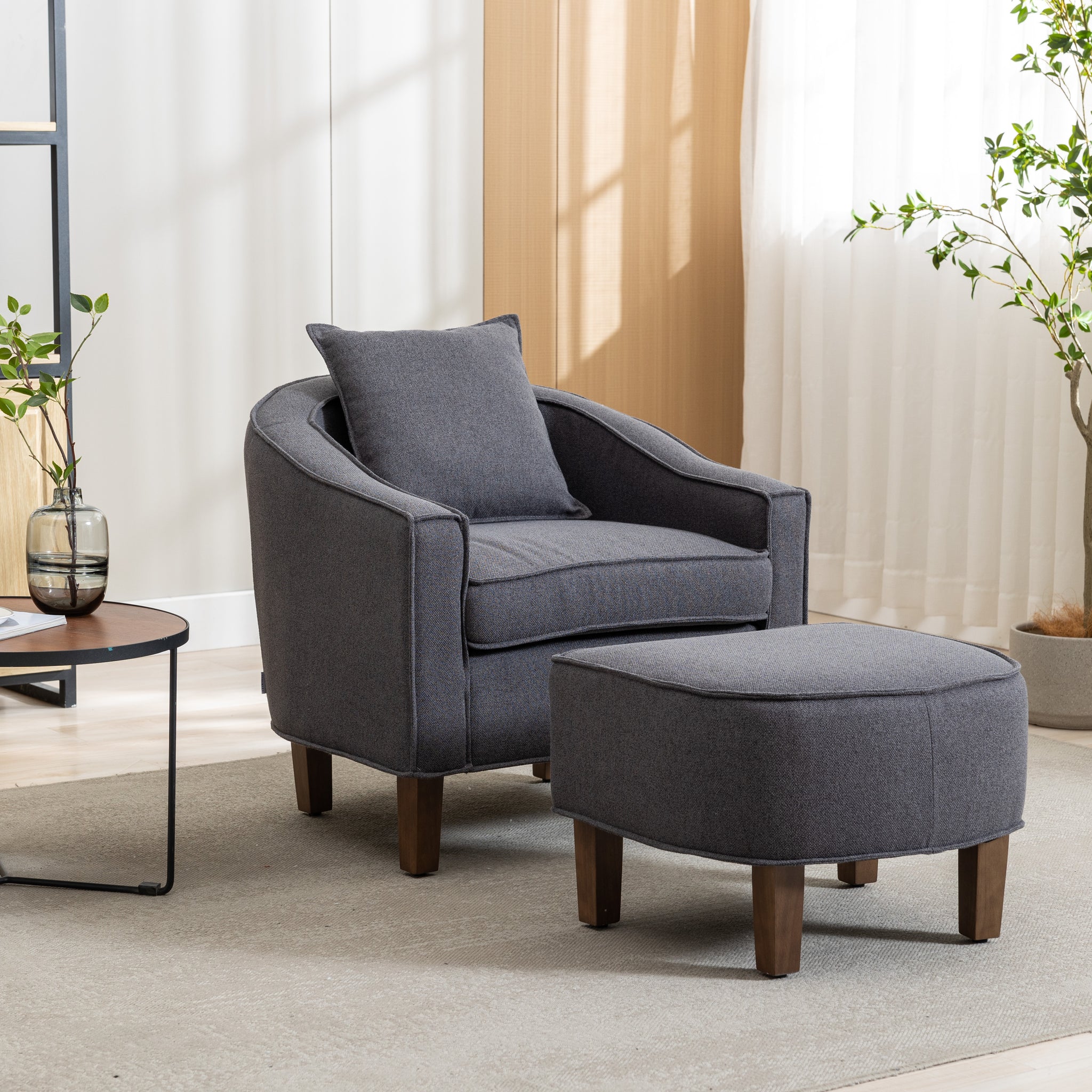 Coolmore Accent Chair With Ottoman, Mid Century Modern Barrel Chair Upholstered Club Tub Round Arms Chair For Living Room Dark Gray Linen
