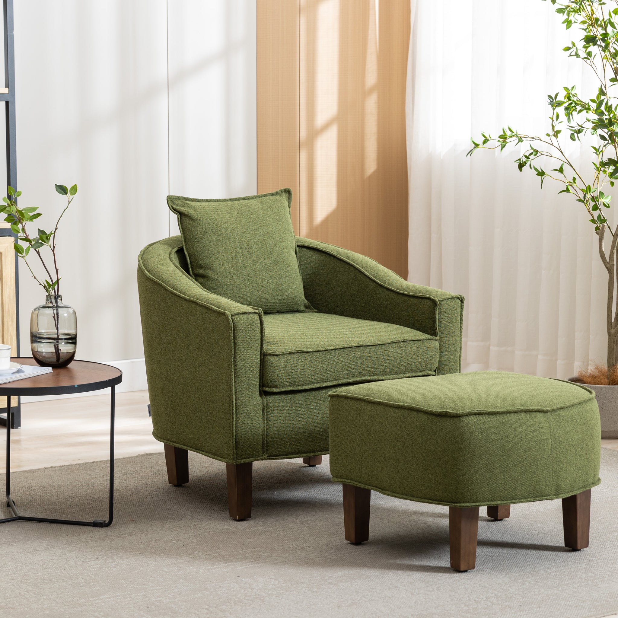 Coolmore Accent Chair With Ottoman, Mid Century Modern Barrel Chair Upholstered Club Tub Round Arms Chair For Living Room Olive Linen