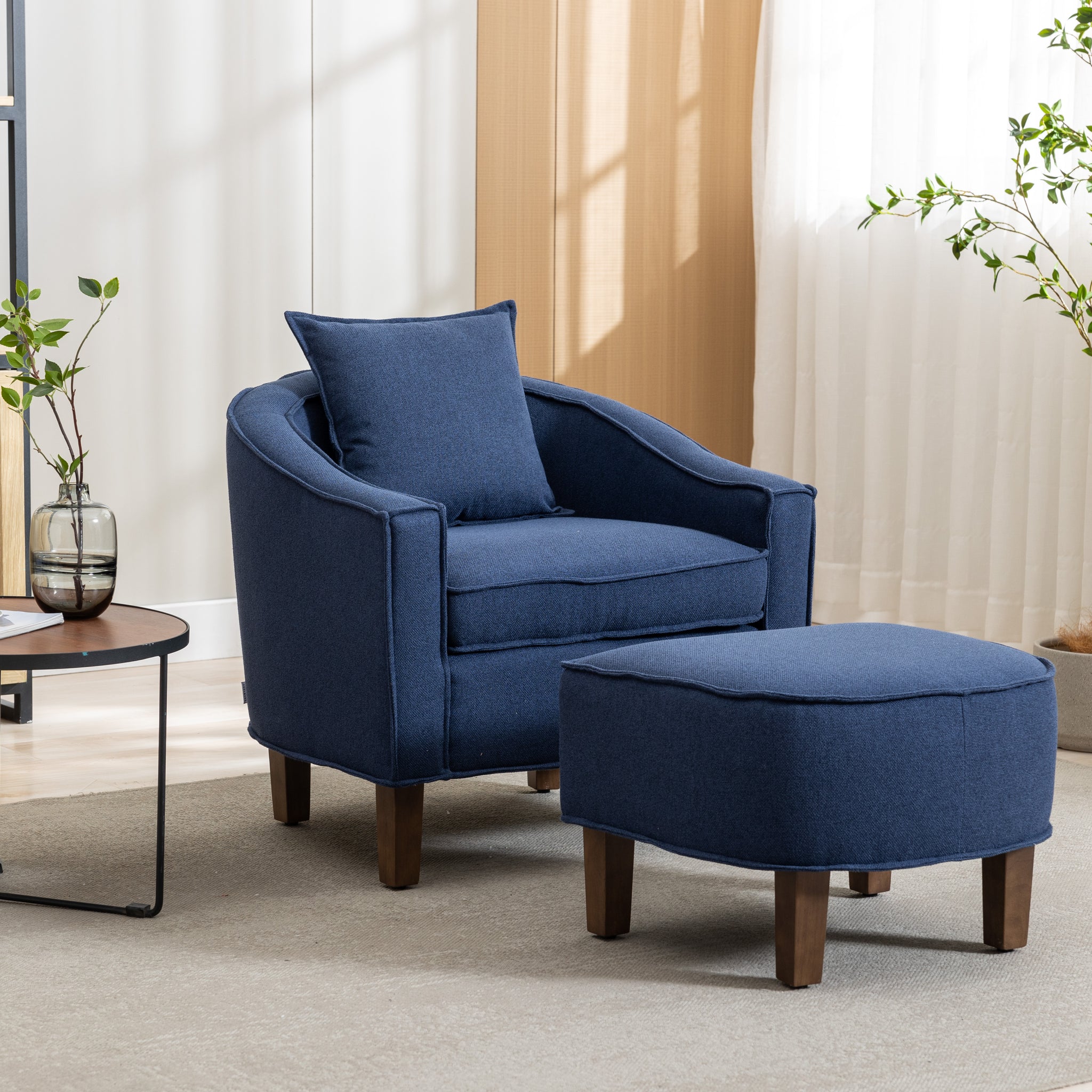 Coolmore Accent Chair With Ottoman, Mid Century Modern Barrel Chair Upholstered Club Tub Round Arms Chair For Living Room Navy Linen