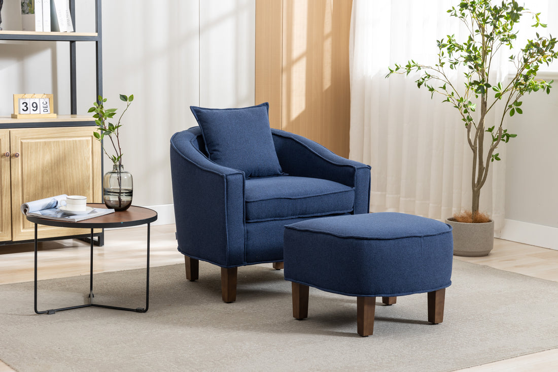 Coolmore Accent Chair With Ottoman, Mid Century Modern Barrel Chair Upholstered Club Tub Round Arms Chair For Living Room Navy Linen