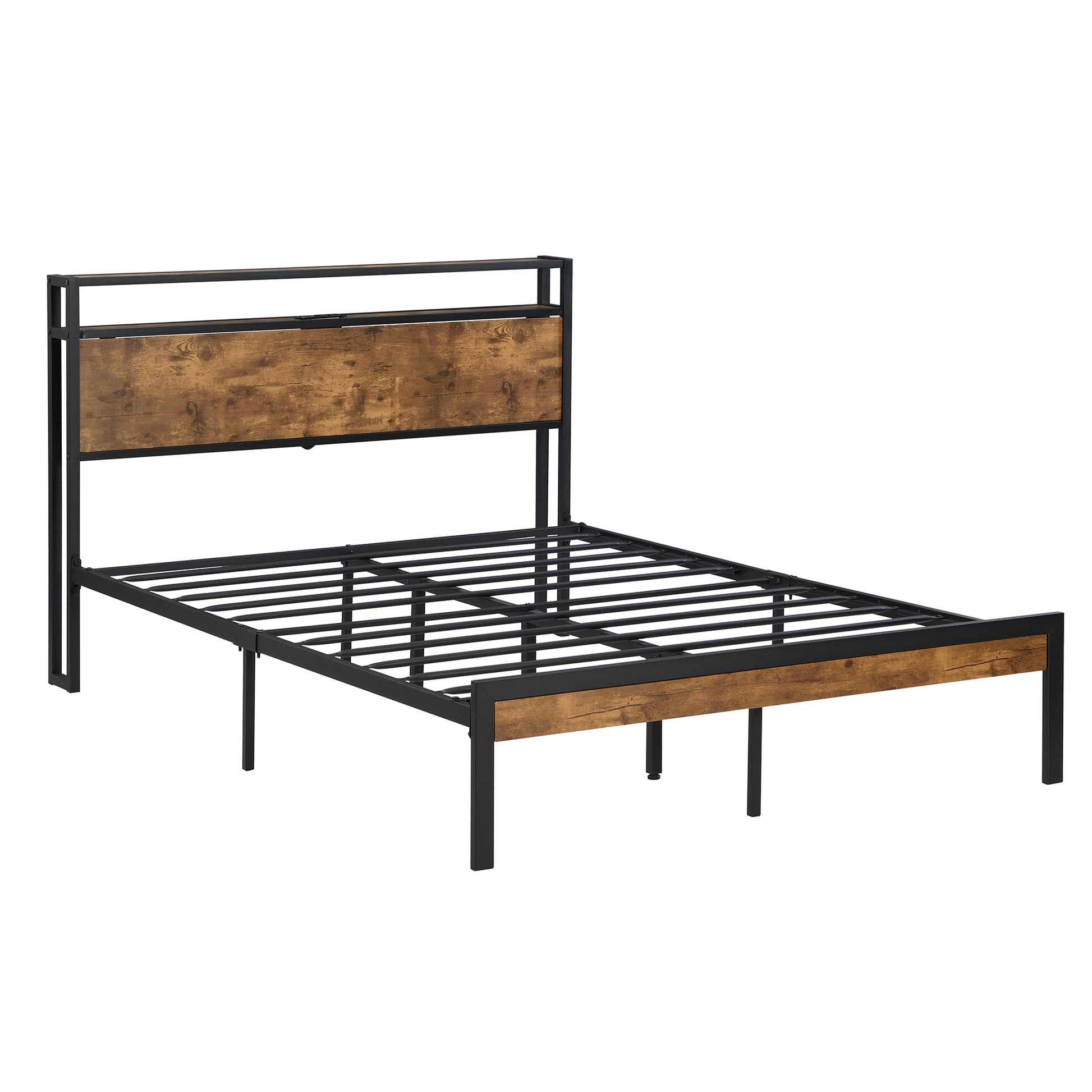 King Size Metal Platform Bed Frame With Wooden Headboard And Footboard With Usb Liner, No Box Spring Needed, Large Under Bed Storage, Easy Assemble King Black Brown Metal