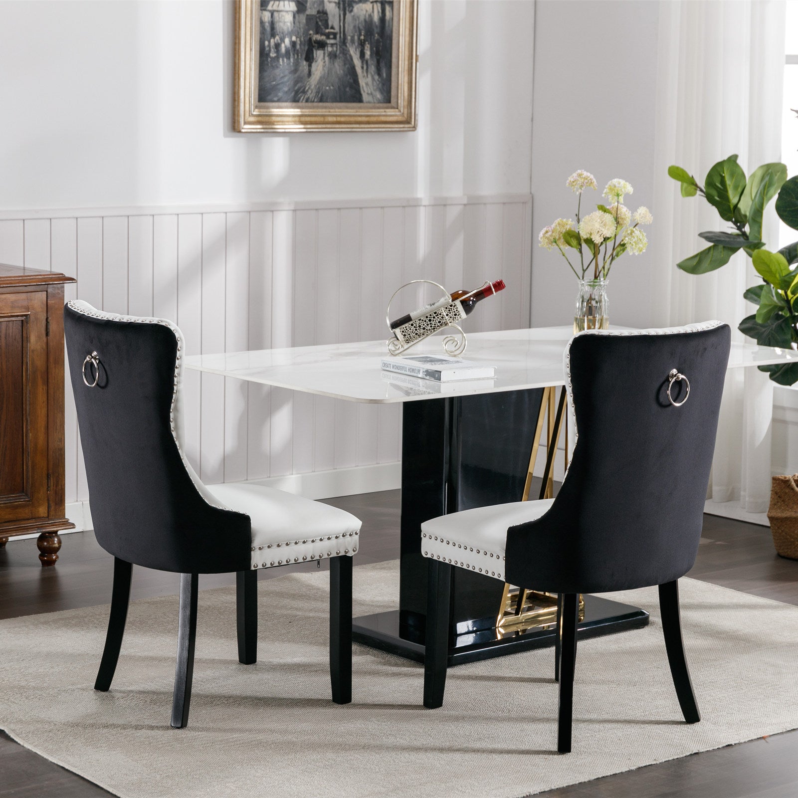 Nikki Collection Modern, High End Tufted Solid Wood Contemporary Pu And Velvet Upholstered Dining Chair With Wood Legs Trim 2 Pcs Set White Black, Sw2101Wb White Black Foam Pu Leather