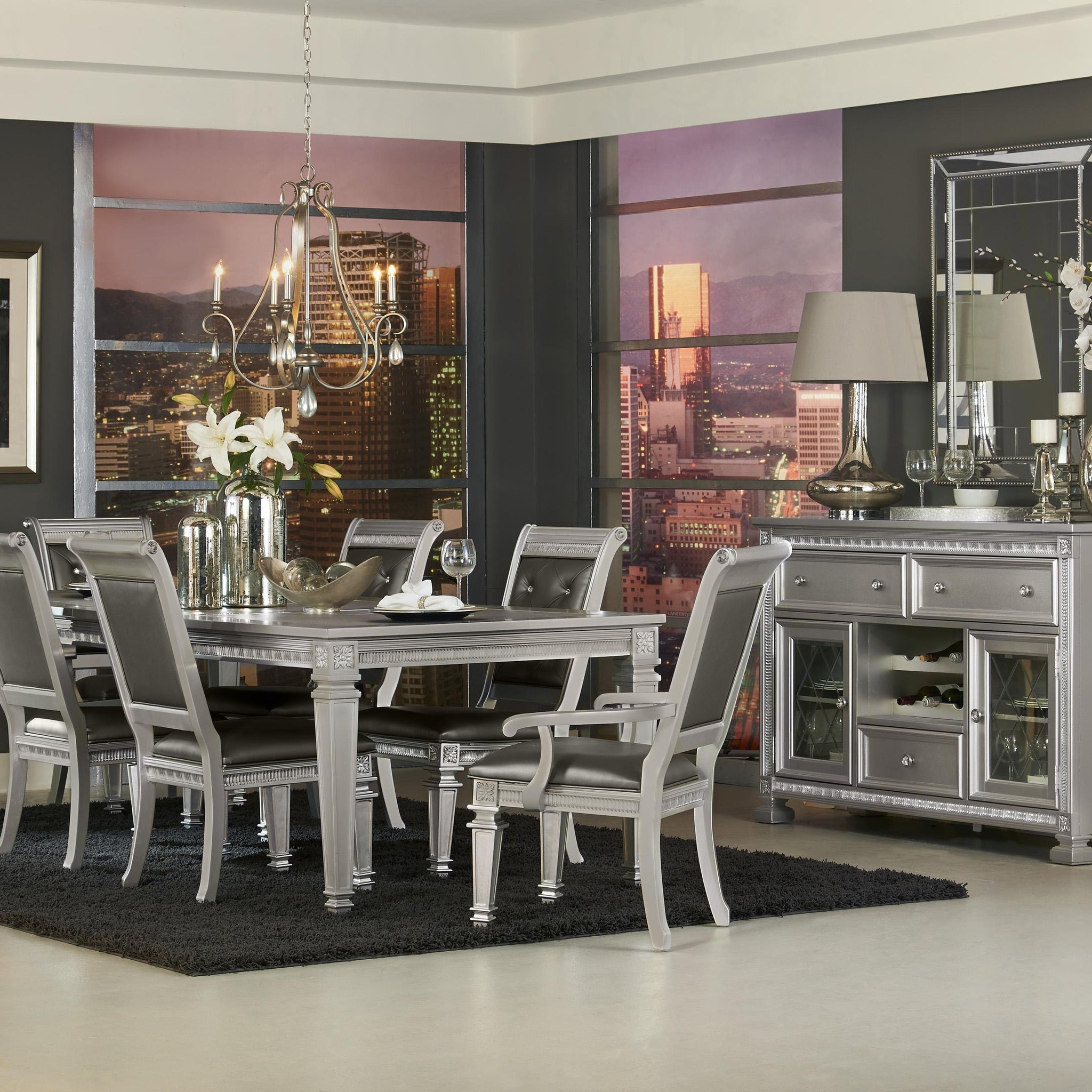 Silver Finish 7Pc Dining Set Table W Leaf 2X Armchairs 4X Side Chairs Modern Glam Style Crystal Tufted Chairs Upholstered Seat Wooden Dining Room Furniture Silver Seats 6 Dining Room Extendable Glam,Modern Rectangular Dining Table With Chair Wood