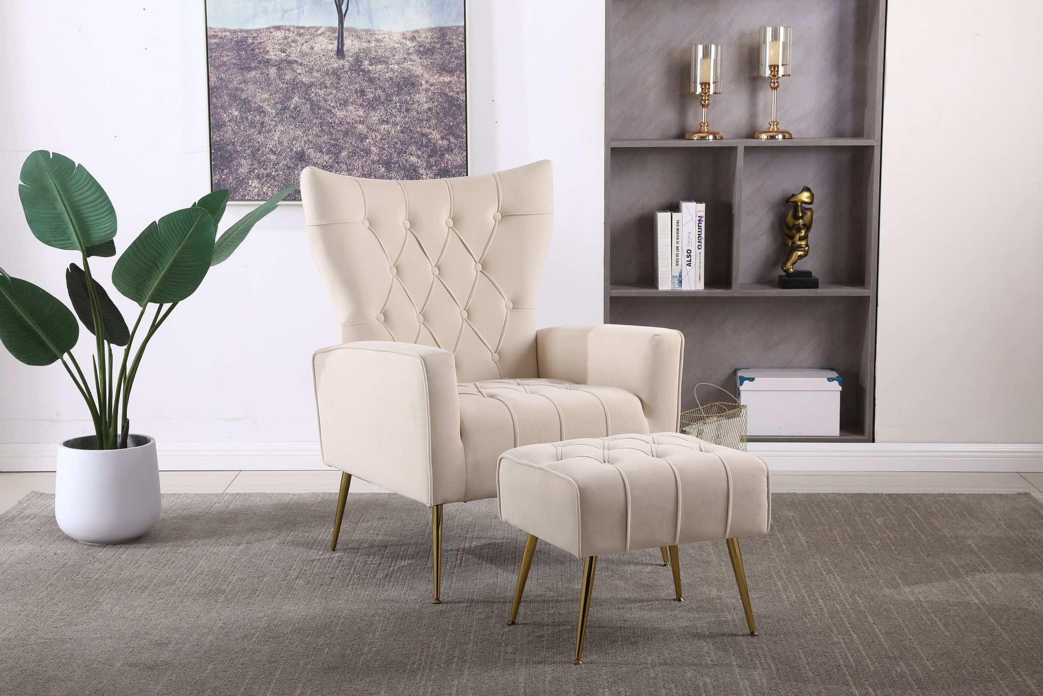 Modern Accent Chair With Ottoman, Comfy Armchair For Living Room, Bedroom, Apartment, Office Beige Beige Foam Velvet