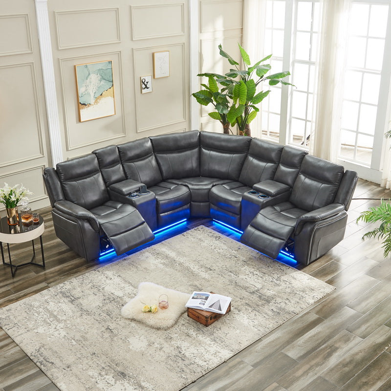 Le152 Power Reclining Sectional Gray W Led Strip Gray Technical Leather