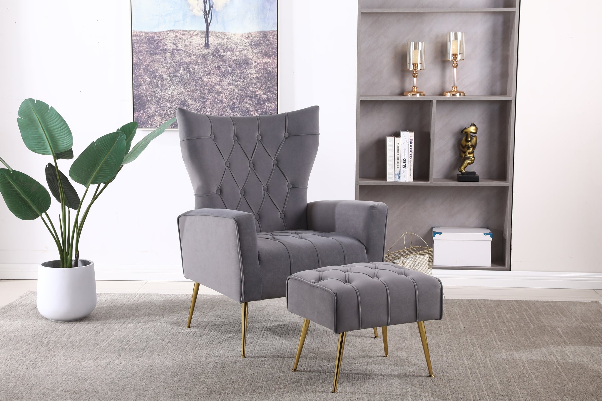 Modern Accent Chair With Ottoman, Comfy Armchair For Living Room, Bedroom, Apartment, Office Grey Black Foam Velvet
