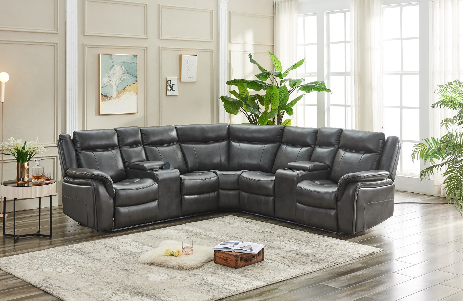 Le152 Power Reclining Sectional Gray W Led Strip Gray Technical Leather