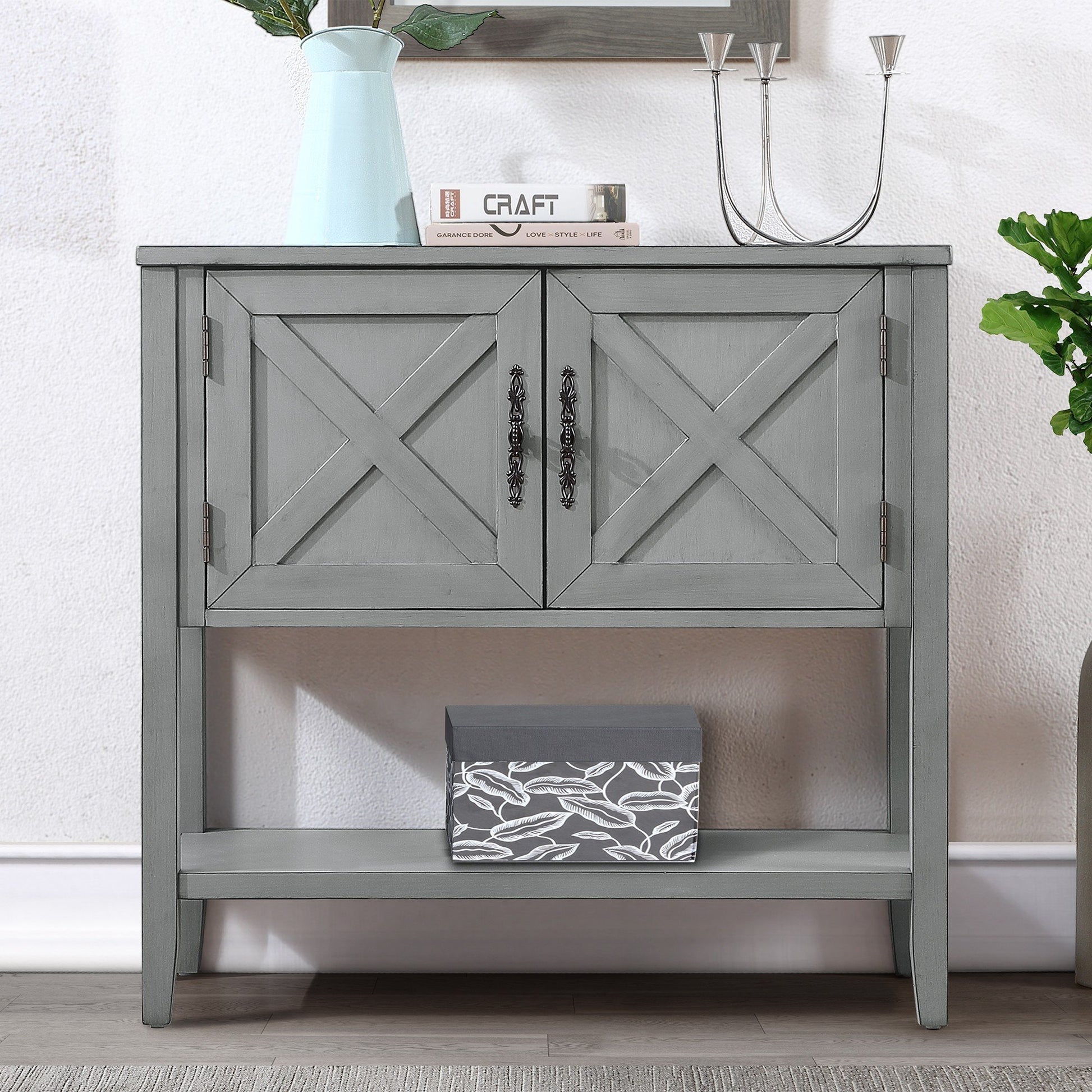 35''Farmhouse Wood Buffet Sideboard Console Table With Bottom Shelf And 2 Door Cabinet, For Living Room, Entryway,Kitchen Dining Room Furniture Antique Gray Antique Gray Pine