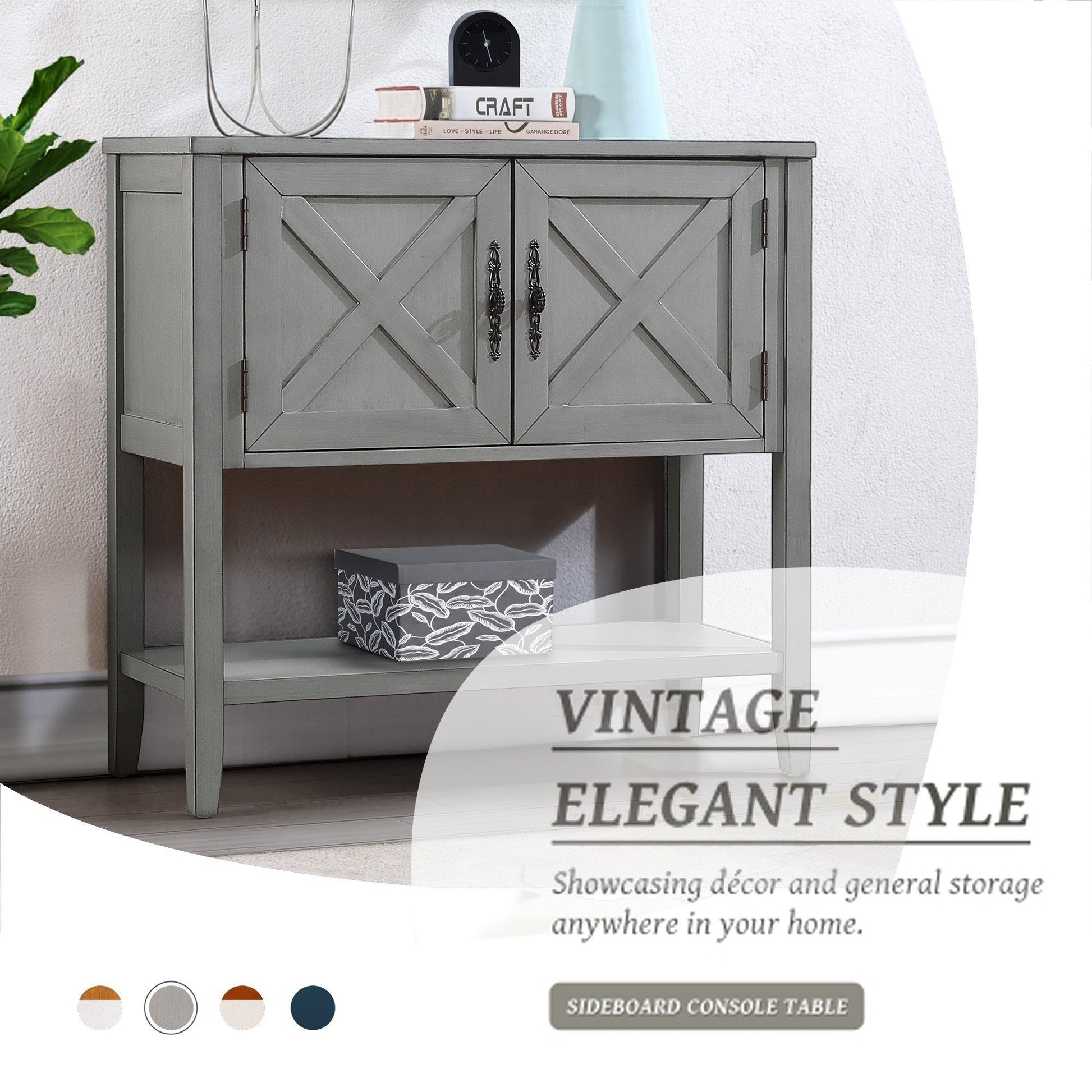 35''Farmhouse Wood Buffet Sideboard Console Table With Bottom Shelf And 2 Door Cabinet, For Living Room, Entryway,Kitchen Dining Room Furniture Antique Gray Antique Gray Pine