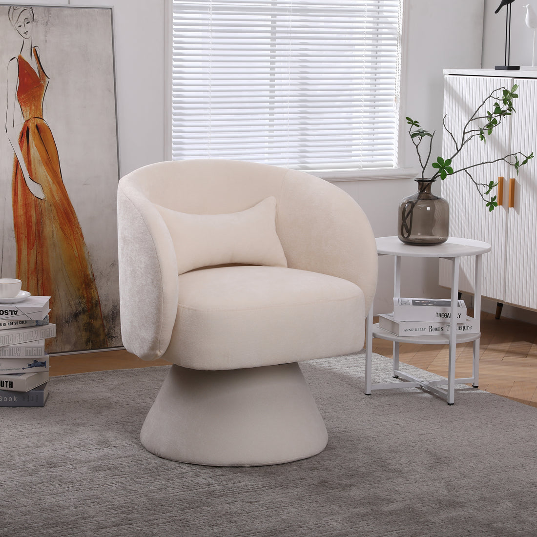 Swivel Accent Chair Armchair, Round Barrel Chair In Fabric For Living Room Bedroom Beige Beige Foam Linen