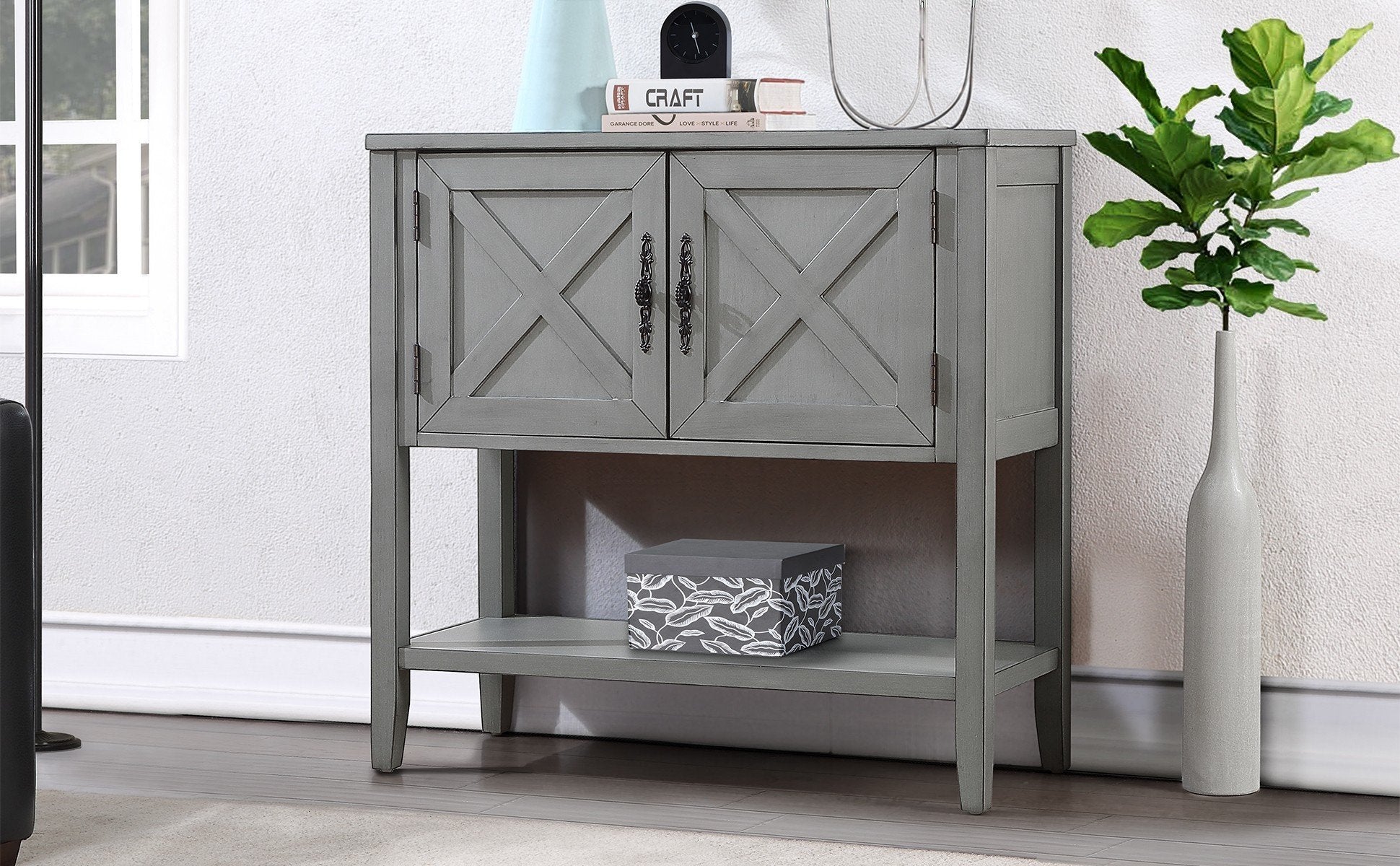 35''Farmhouse Wood Buffet Sideboard Console Table With Bottom Shelf And 2 Door Cabinet, For Living Room, Entryway,Kitchen Dining Room Furniture Antique Gray Antique Gray Pine