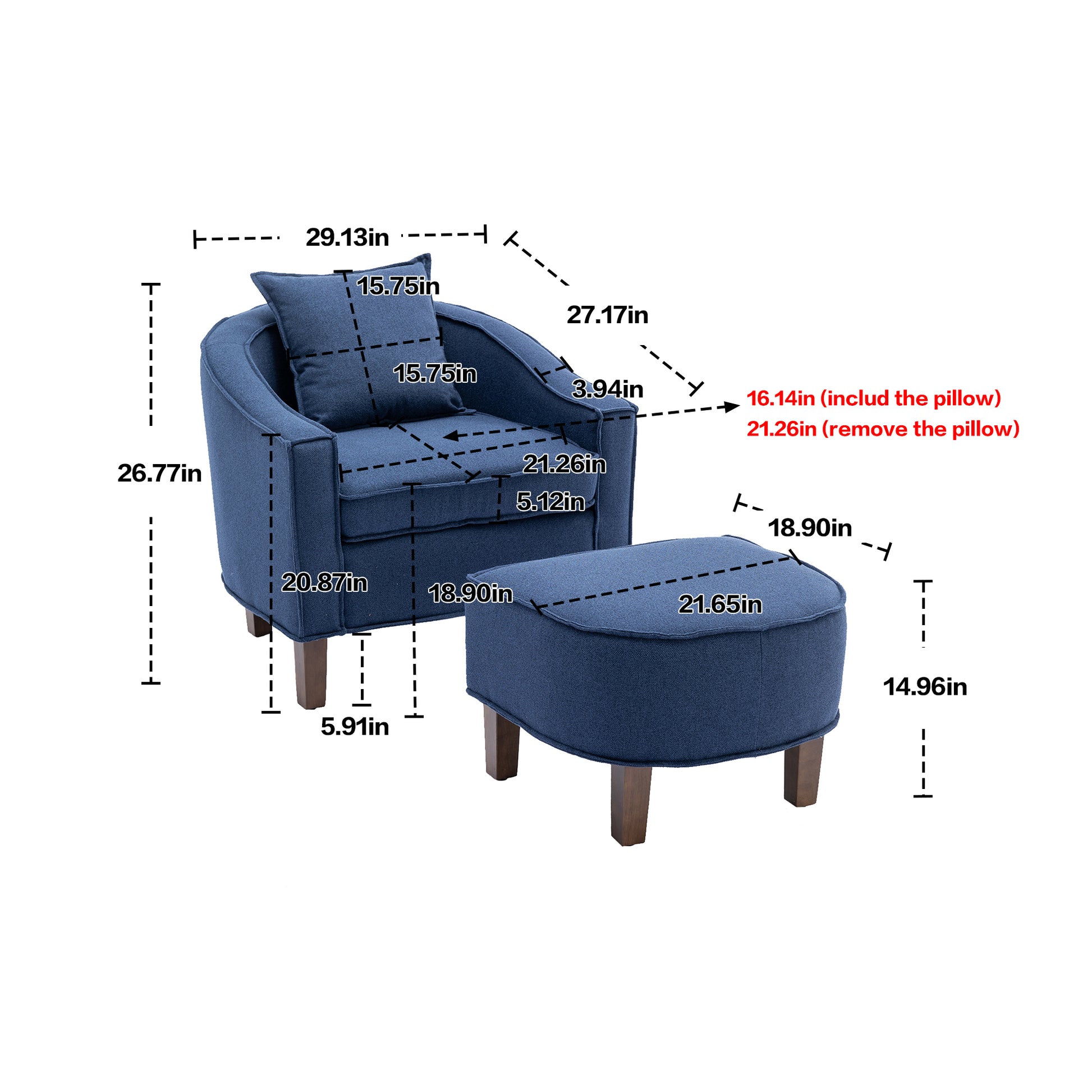 Coolmore Accent Chair With Ottoman, Mid Century Modern Barrel Chair Upholstered Club Tub Round Arms Chair For Living Room Navy Linen