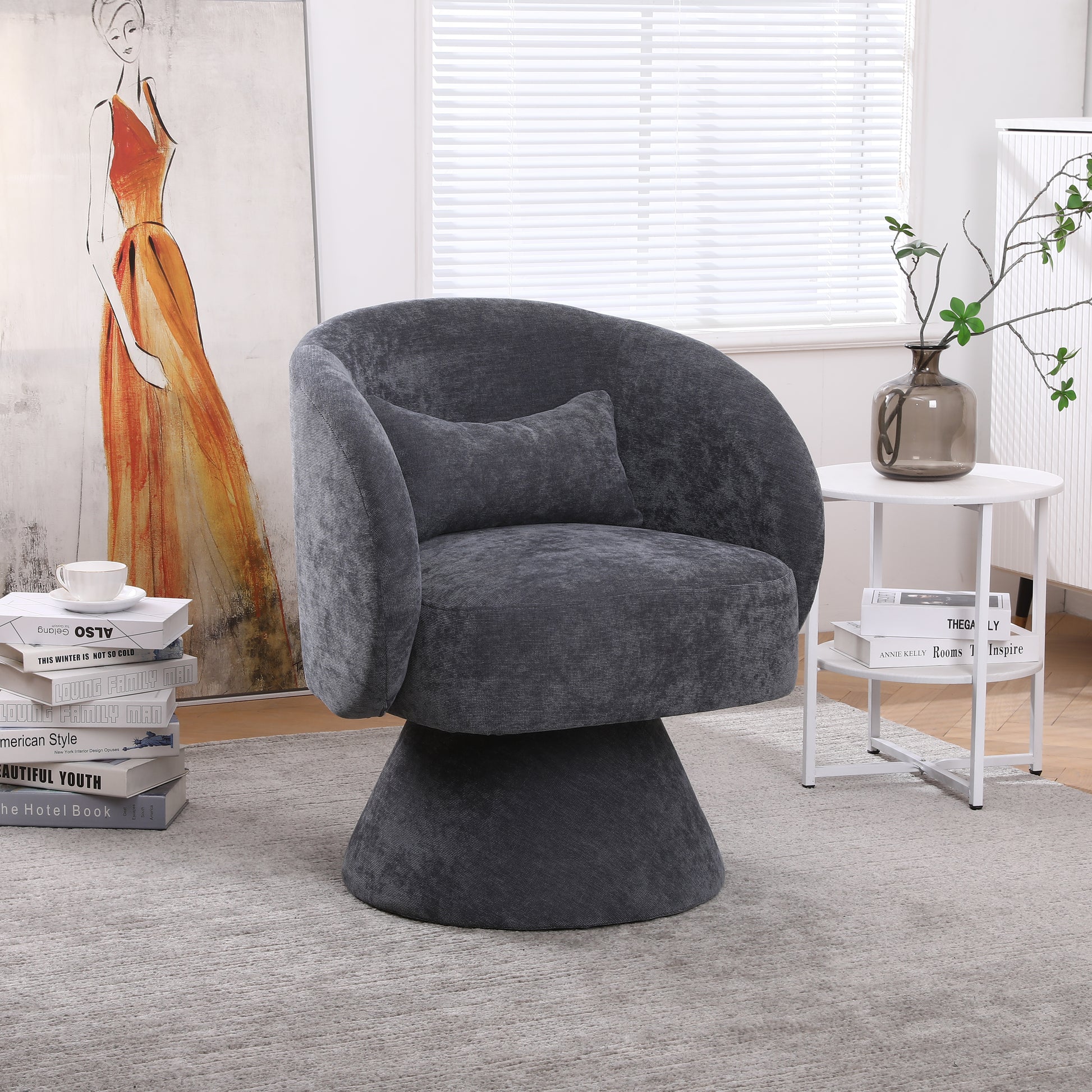Swivel Accent Chair Armchair, Round Barrel Chair In Fabric For Living Room Bedroom Dark Grey Dark Gray Foam Linen