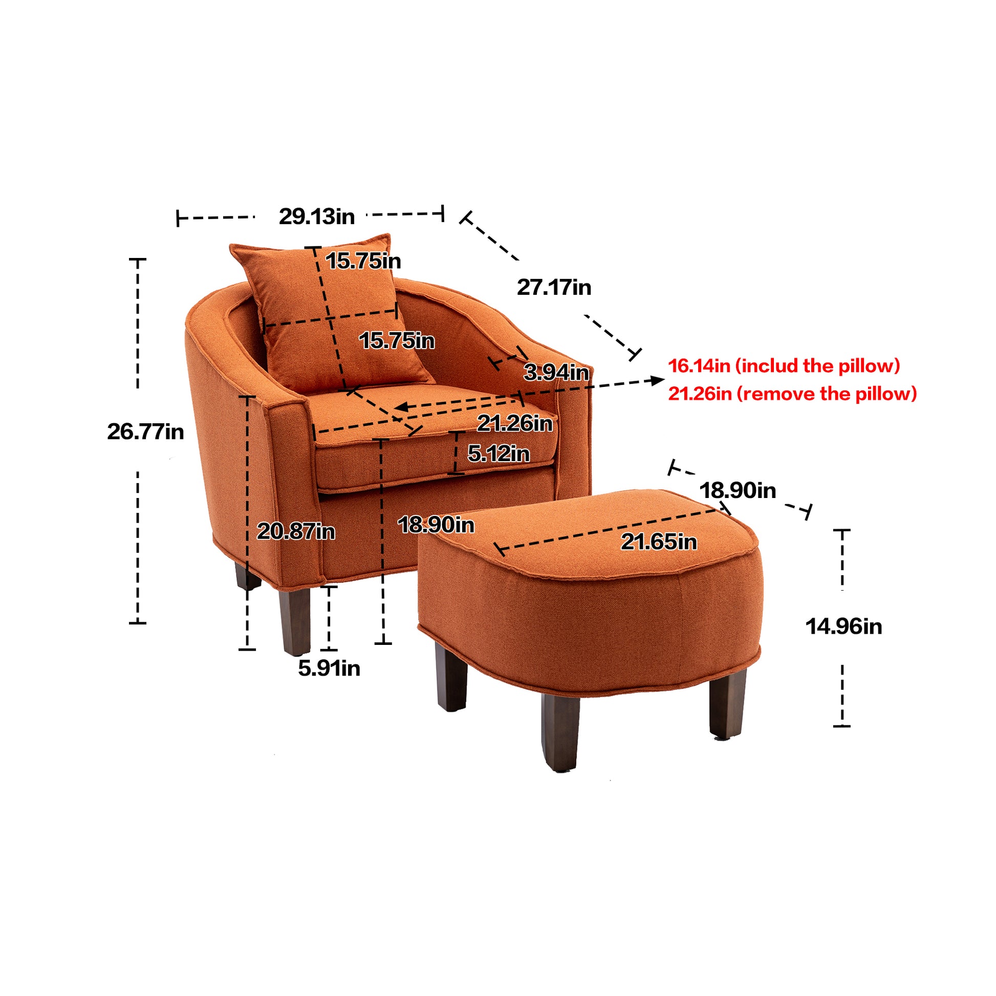 Coolmore Accent Chair With Ottoman, Mid Century Modern Barrel Chair Upholstered Club Tub Round Arms Chair For Living Room Orange Linen