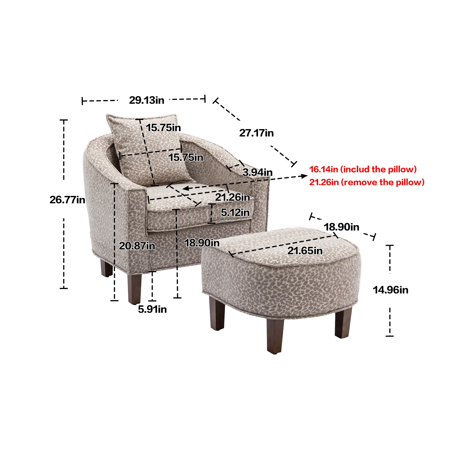 Coolmore Accent Chair With Ottoman, Mid Century Modern Barrel Chair Upholstered Club Tub Round Arms Chair For Living Room Leopard Gray Chenille