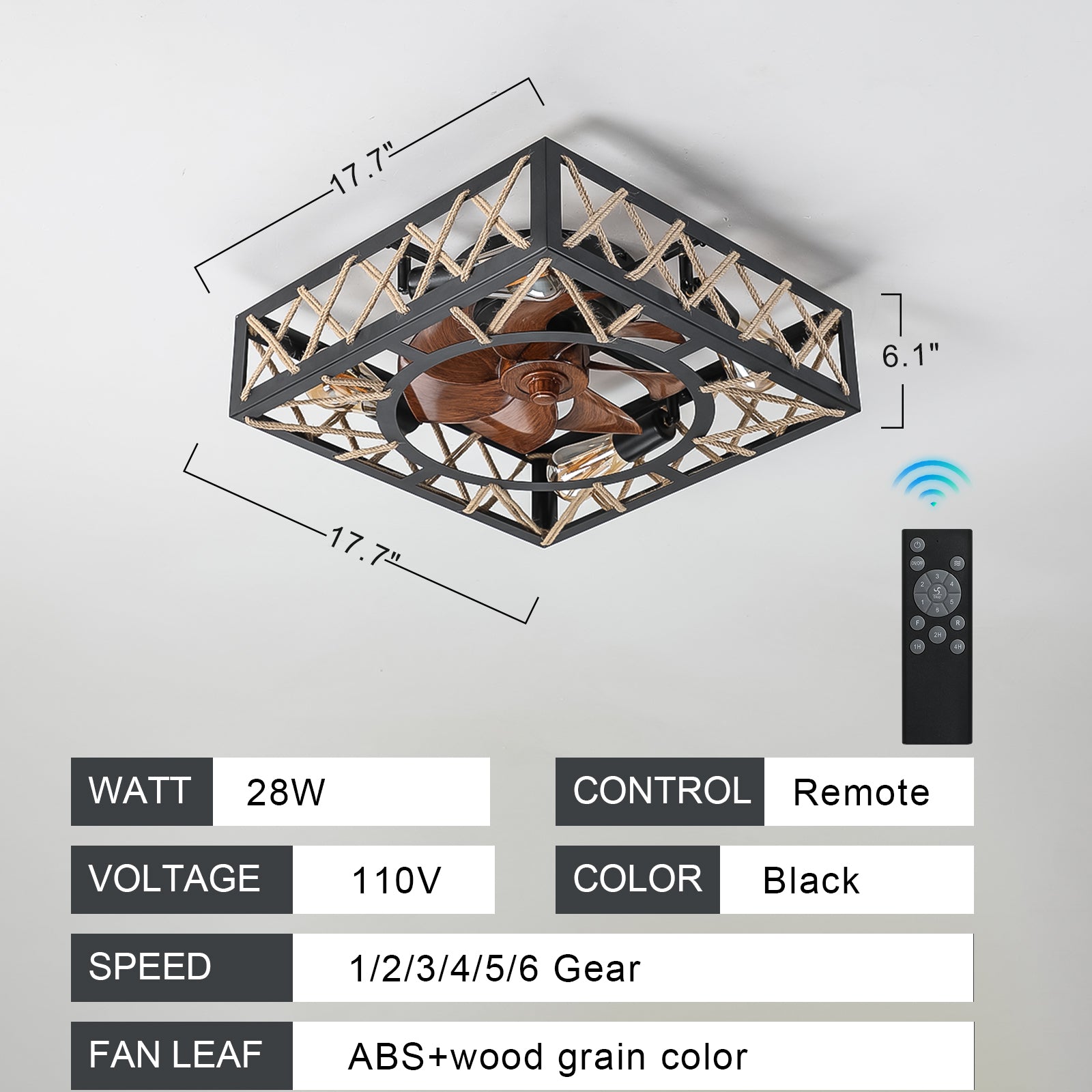 Farmhouse Rustic Ceiling Fan And Remote Control,Square Caged Industrial Ceiling Fixture With 6 Speeds & Noiseless Dc Motor For Kitchen Dining Room Living Room Bedroom Black Abs Iron