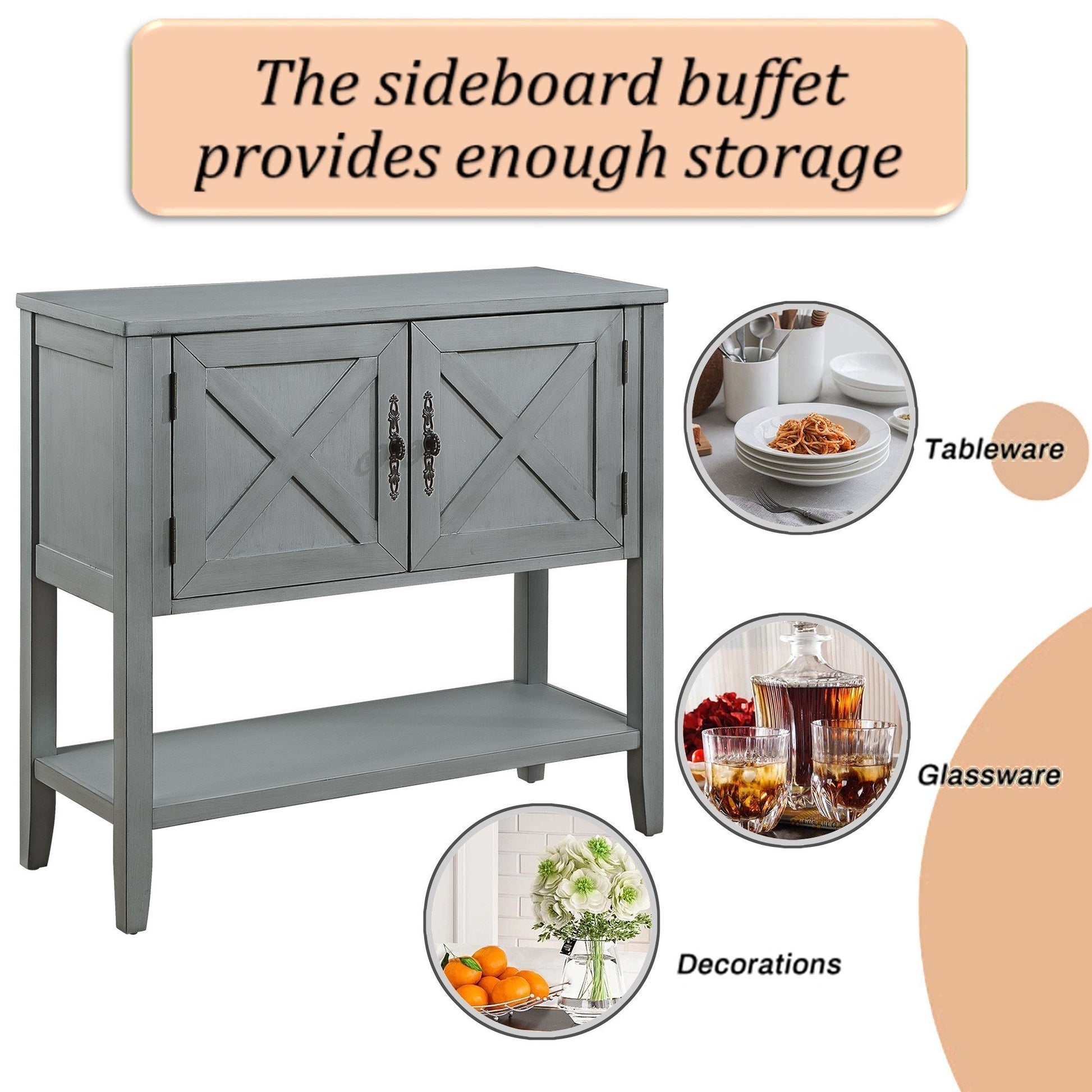35''Farmhouse Wood Buffet Sideboard Console Table With Bottom Shelf And 2 Door Cabinet, For Living Room, Entryway,Kitchen Dining Room Furniture Antique Gray Antique Gray Pine
