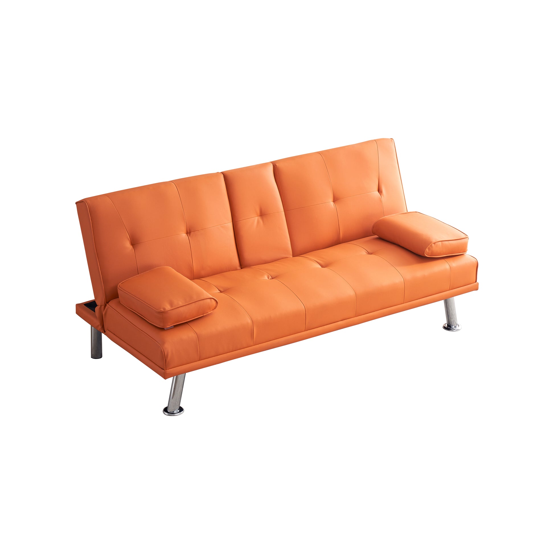 67" Orange Leather Multifunctional Double Folding Sofa Bed For Office With Coffee Table Orange Foam Pvc 2 Seat