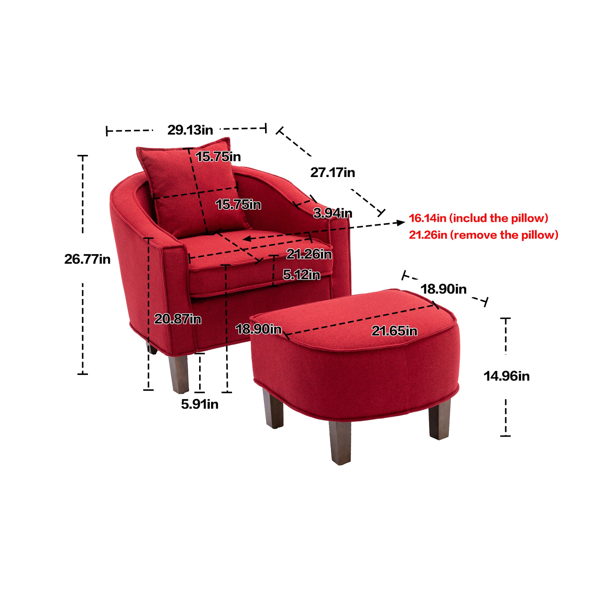 Coolmore Accent Chair With Ottoman, Mid Century Modern Barrel Chair Upholstered Club Tub Round Arms Chair For Living Room Red Linen