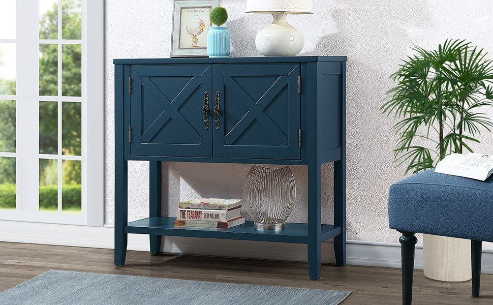 35'' Farmhouse Wood Buffet Sideboard Console Table With Bottom Shelf And 2 Door Cabinet, For Living Room, Entryway,Kitchen Dining Room Furniture Navy Blue Navy Blue Pine