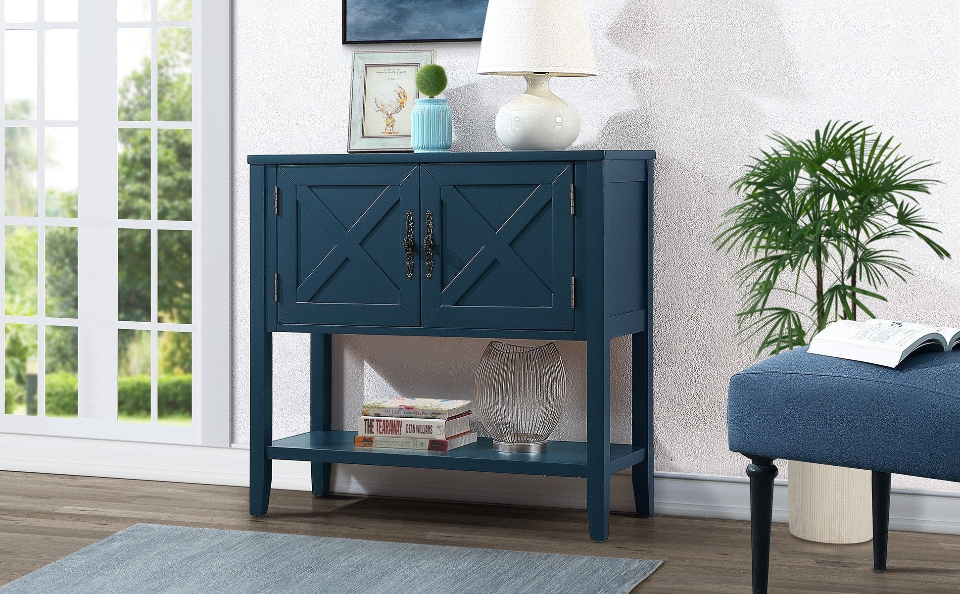 35'' Farmhouse Wood Buffet Sideboard Console Table With Bottom Shelf And 2 Door Cabinet, For Living Room, Entryway,Kitchen Dining Room Furniture Navy Blue Navy Blue Pine