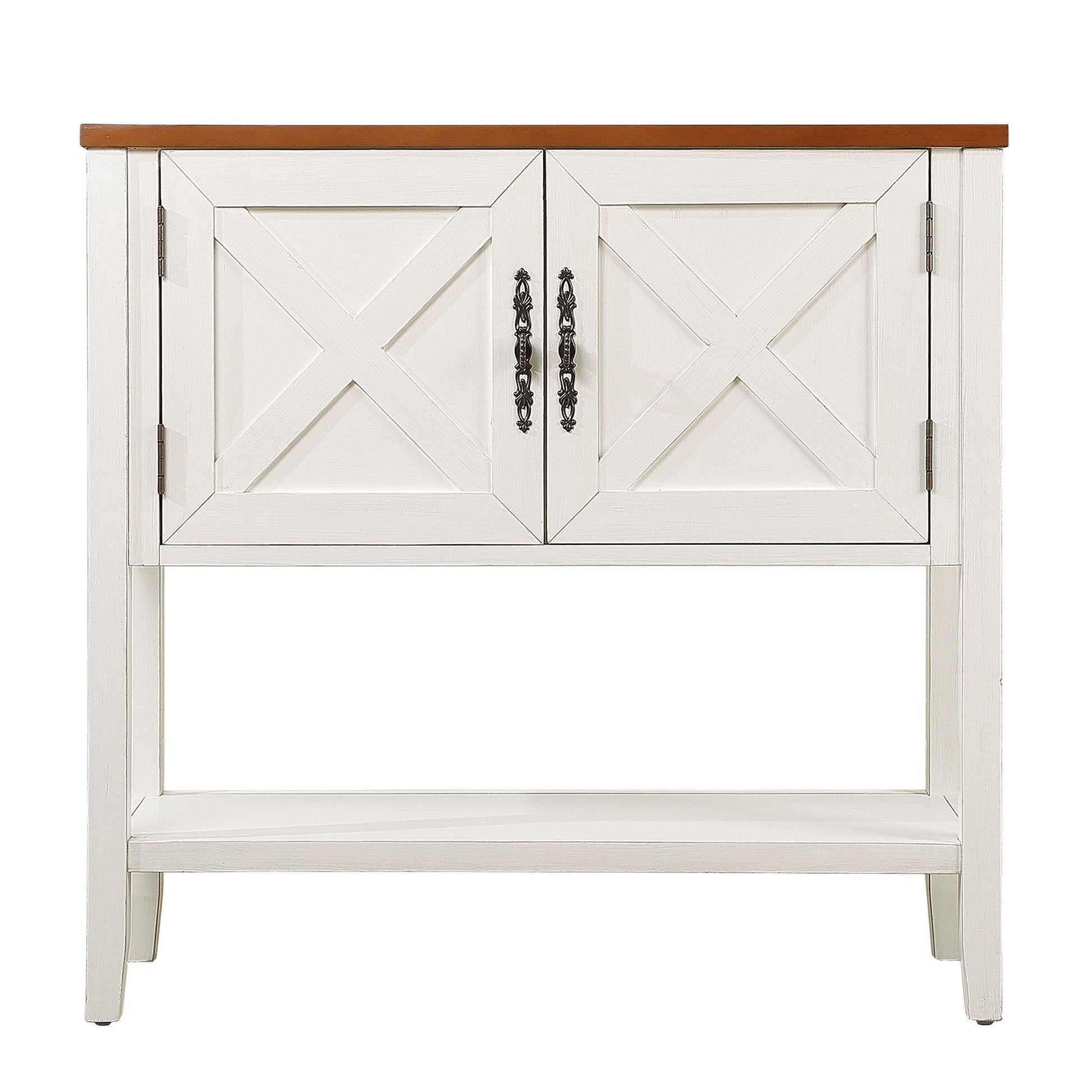 35''Farmhouse Wood Buffet Sideboard Console Table With Bottom Shelf And 2 Door Cabinet, For Living Room, Entryway,Kitchen Dining Room Furniture Antique White Walnut Top Antique White Pine