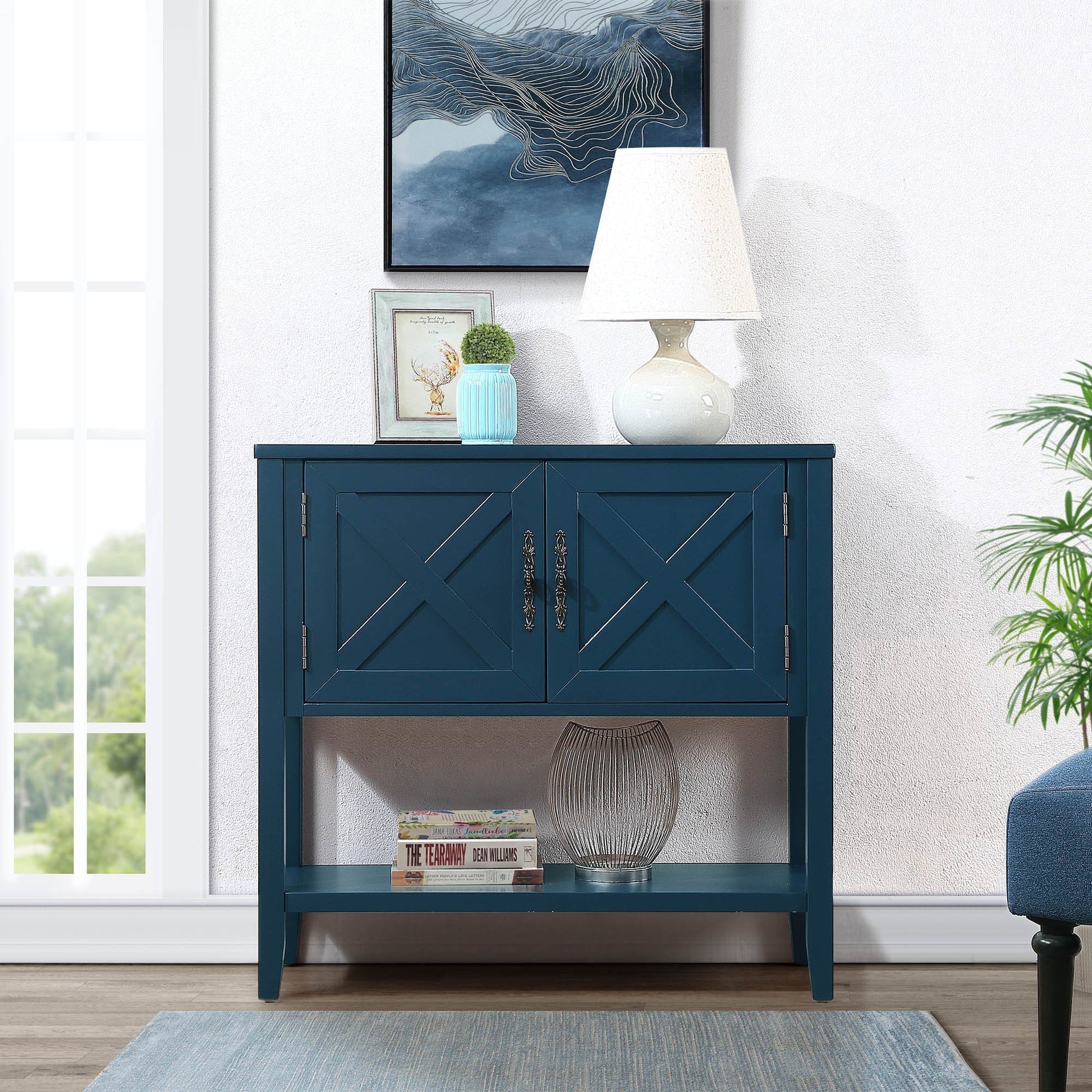 35'' Farmhouse Wood Buffet Sideboard Console Table With Bottom Shelf And 2 Door Cabinet, For Living Room, Entryway,Kitchen Dining Room Furniture Navy Blue Navy Blue Pine