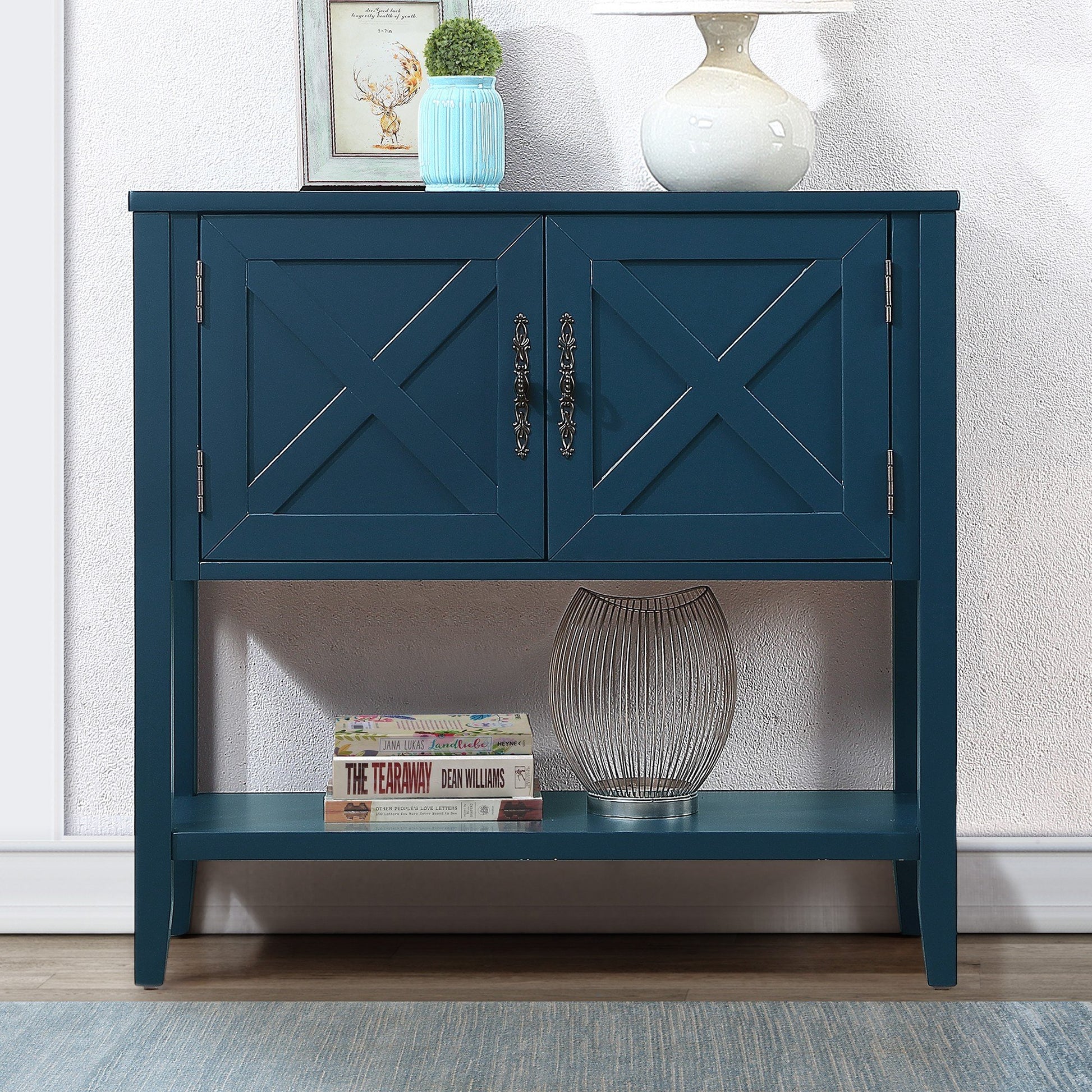 35'' Farmhouse Wood Buffet Sideboard Console Table With Bottom Shelf And 2 Door Cabinet, For Living Room, Entryway,Kitchen Dining Room Furniture Navy Blue Navy Blue Pine