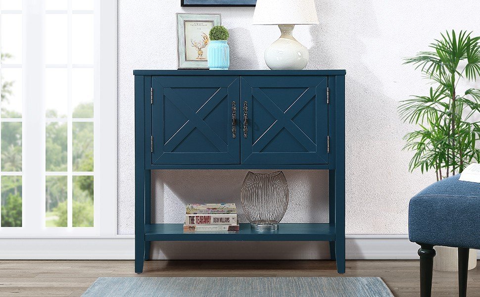 35'' Farmhouse Wood Buffet Sideboard Console Table With Bottom Shelf And 2 Door Cabinet, For Living Room, Entryway,Kitchen Dining Room Furniture Navy Blue Navy Blue Pine