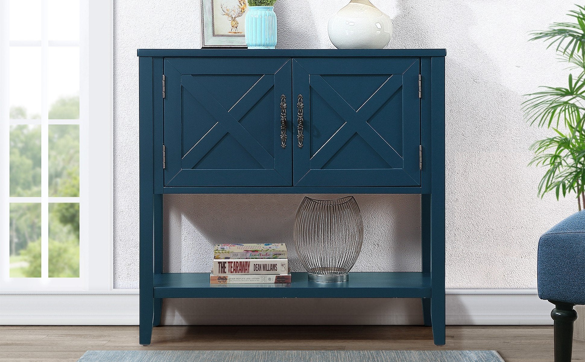 35'' Farmhouse Wood Buffet Sideboard Console Table With Bottom Shelf And 2 Door Cabinet, For Living Room, Entryway,Kitchen Dining Room Furniture Navy Blue Navy Blue Pine