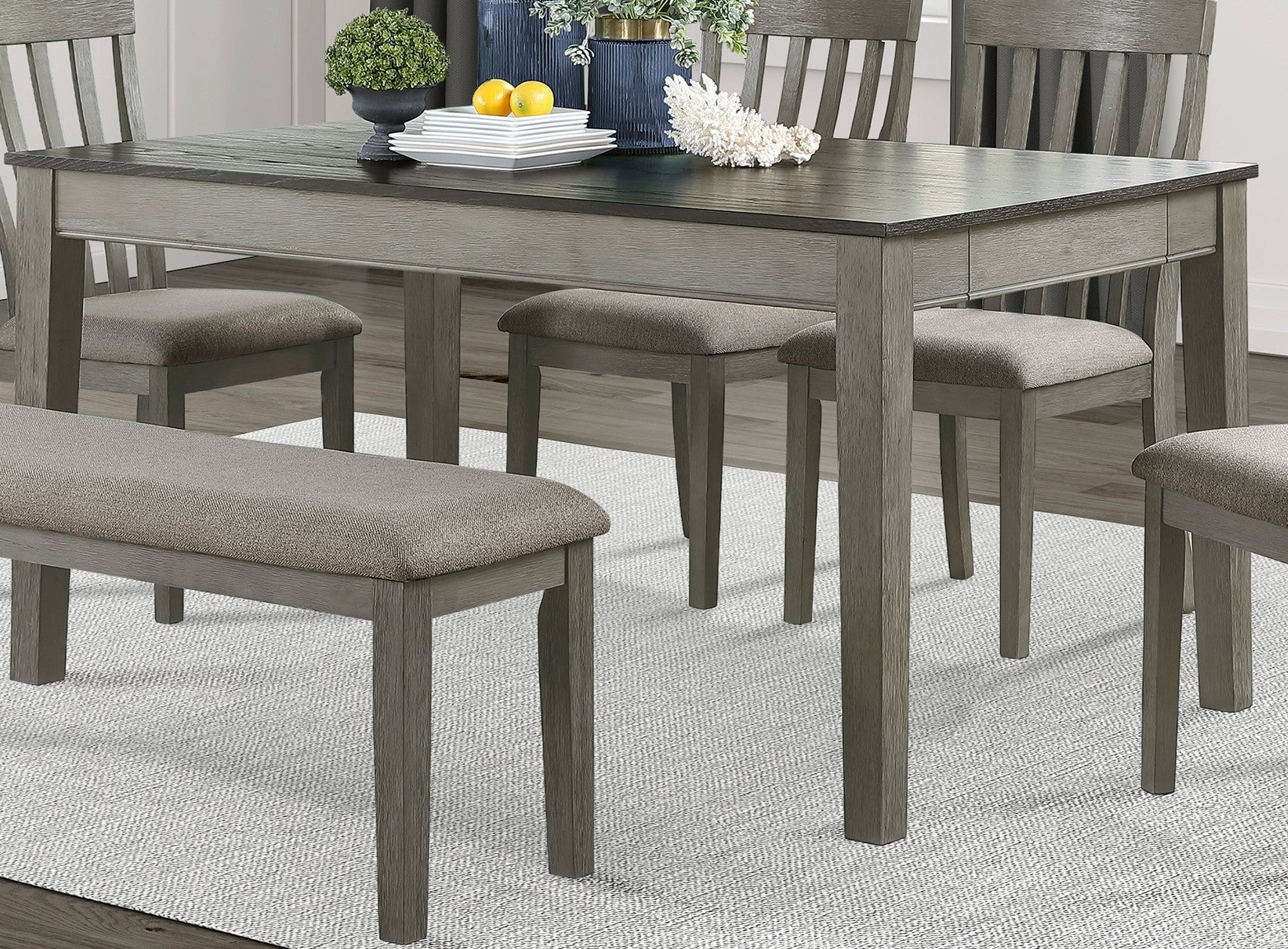 Country Casual Styling 6Pc Dining Set Dining Table With Drawers Bench Side Chairs Light Gray Finish Wooden Contemporary Furniture Wood Wood Gray Seats 6 Wood Dining Room 60 Inches Casual 4 Leg Rectangular Dining Table With Chair And Bench Solid Wood