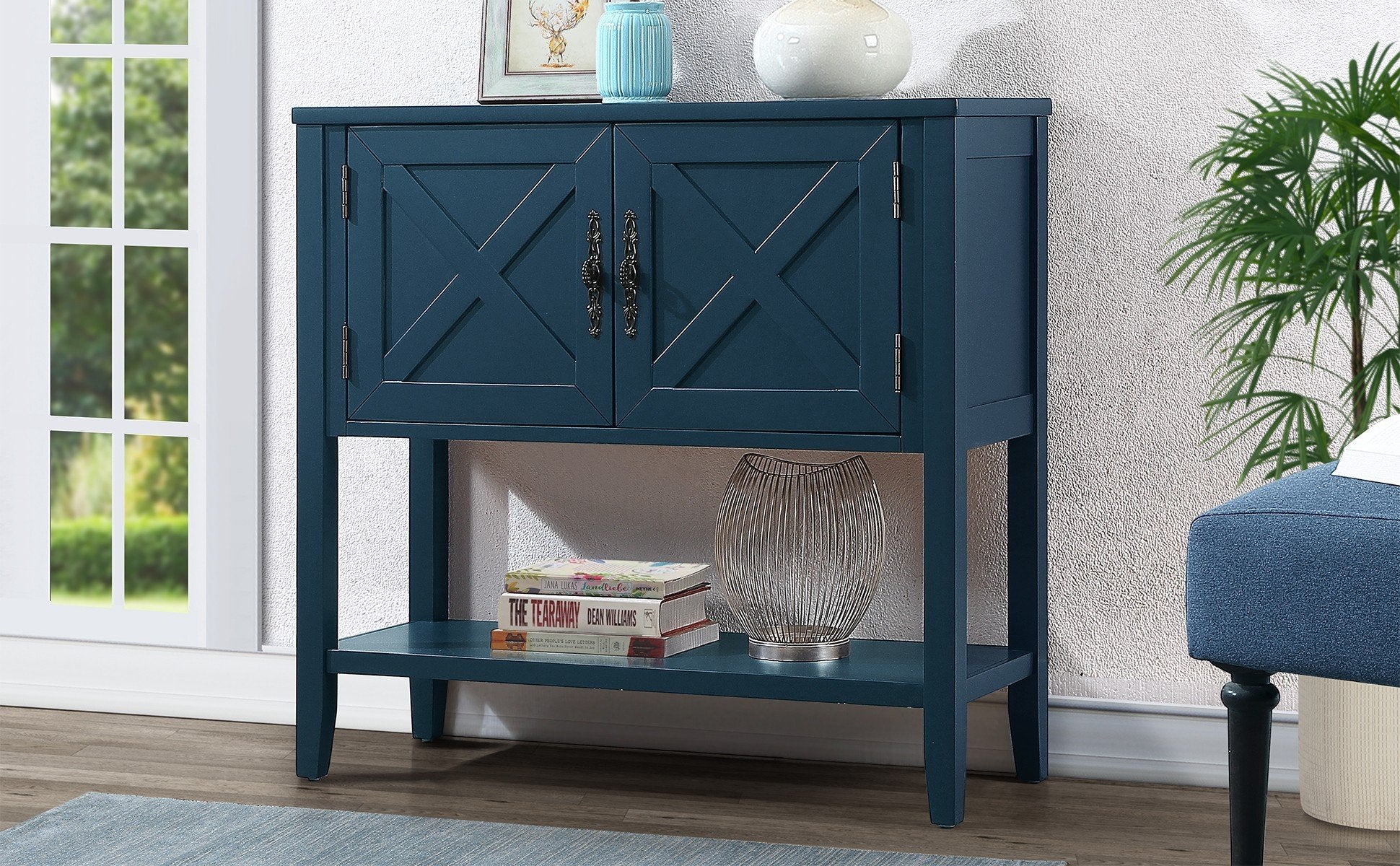 35'' Farmhouse Wood Buffet Sideboard Console Table With Bottom Shelf And 2 Door Cabinet, For Living Room, Entryway,Kitchen Dining Room Furniture Navy Blue Navy Blue Pine