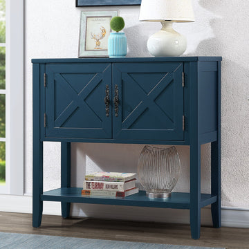 35'' Farmhouse Wood Buffet Sideboard Console Table With Bottom Shelf And 2 Door Cabinet, For Living Room, Entryway,Kitchen Dining Room Furniture Navy Blue Navy Blue Pine