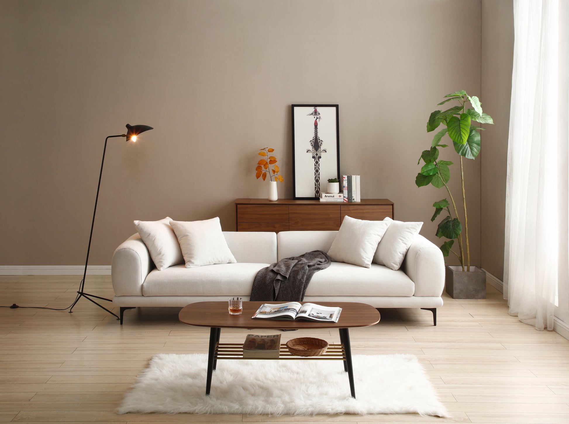 Mid Century Modern Sofa Couch 4 Seater Fabric Sofa For Livingroom, Office ,Apartment, Business Lounge, Waiting Area, Hotel Lobby Beige Beige Fabric