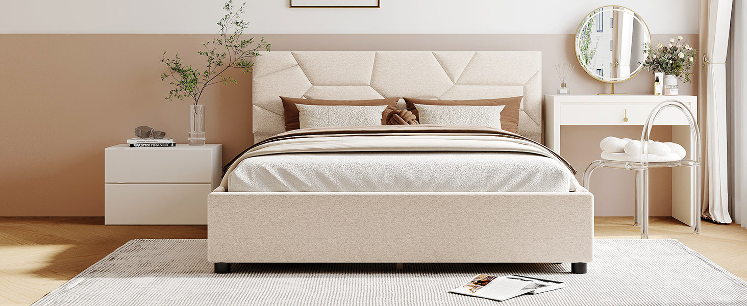 Queen Size Upholstered Platform Bed With Brick Pattern Headboard And 4 Drawers, Linen Fabric, Beige Beige Upholstered