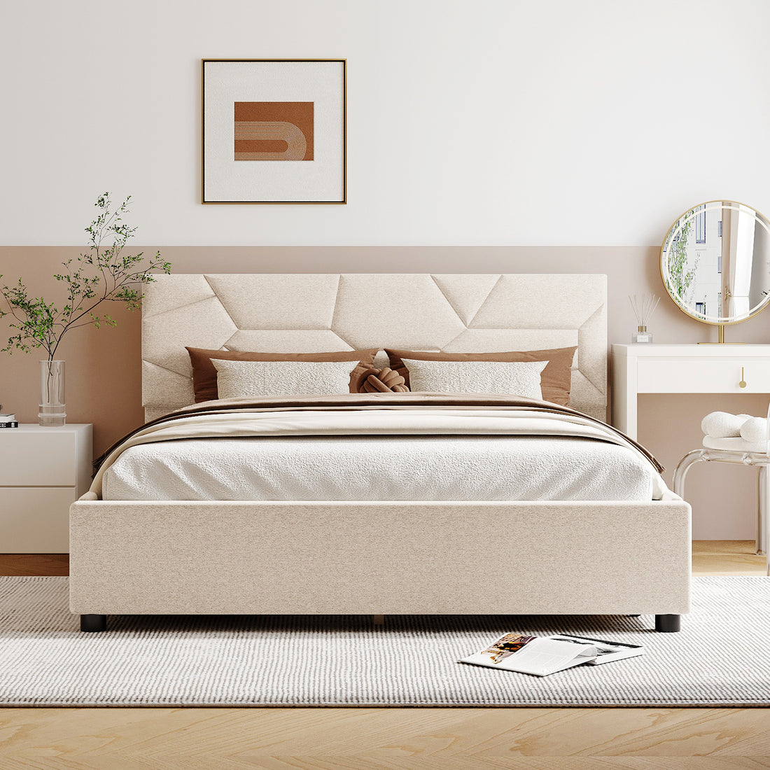 Queen Size Upholstered Platform Bed With Brick Pattern Headboard And 4 Drawers, Linen Fabric, Beige Beige Upholstered