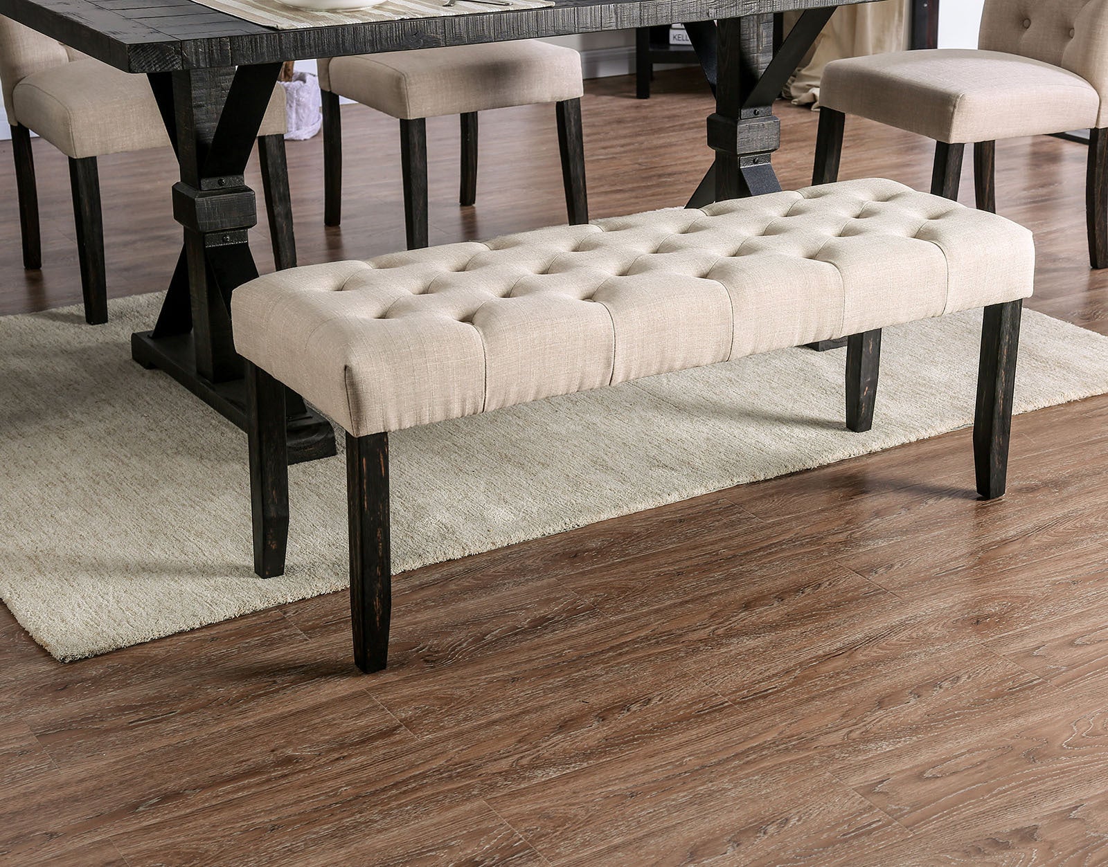 Classic Ivory 1Pc Bench Button Tufted Linen Like Fabric Solid Wood Chair Upholstered Seat Breakfast Rustic Dining Room Furniture Ivory Dining Room Contemporary,Rustic Solid Wood