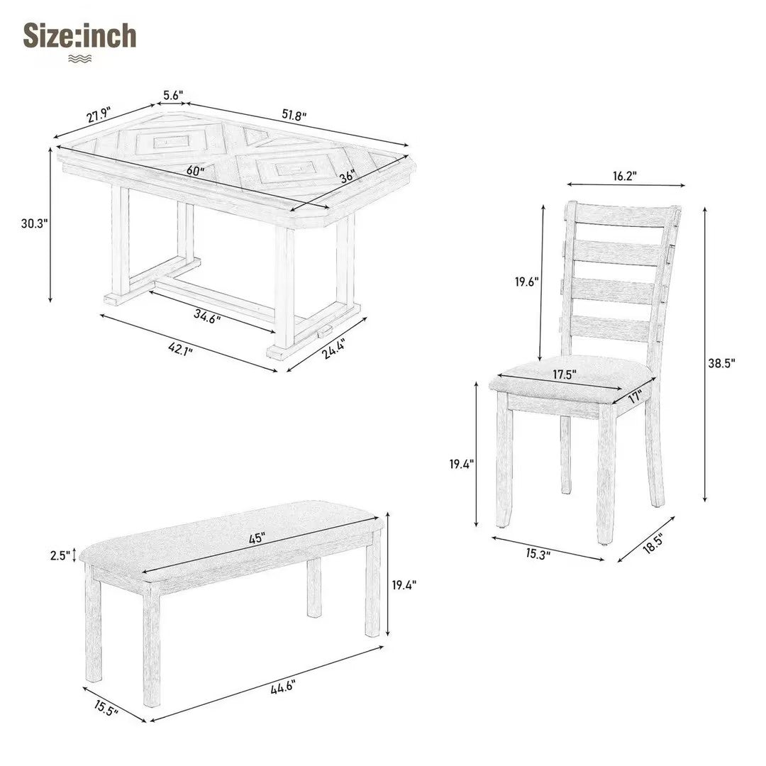 6 Piece Rubber Wood Dining Table Set With Beautiful Wood Grain Pattern Tabletop Solid Wood Veneer And Soft Cushion Natural Wood Wash Natural Wood Wash Solid Wood