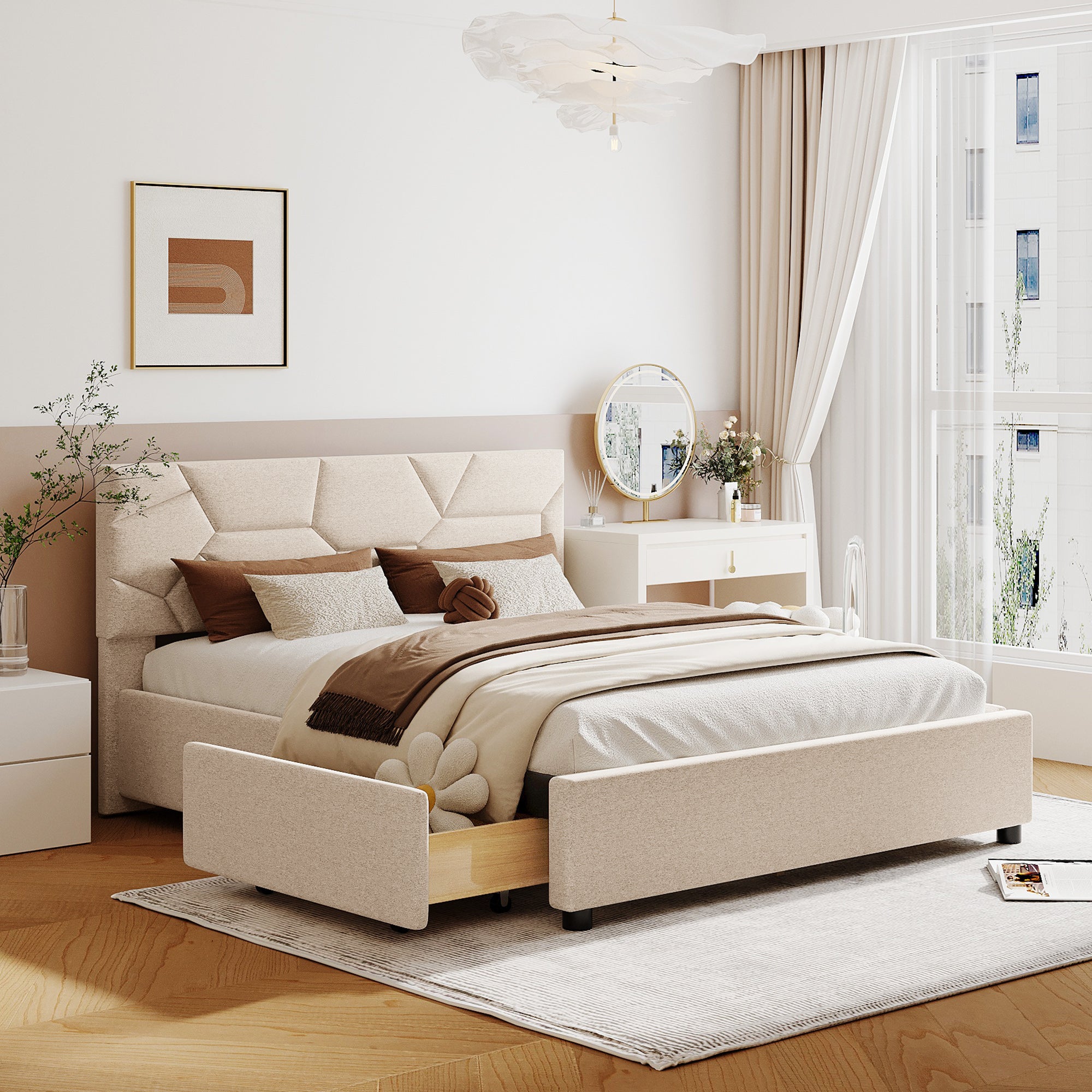 Queen Size Upholstered Platform Bed With Brick Pattern Headboard And 4 Drawers, Linen Fabric, Beige Beige Upholstered