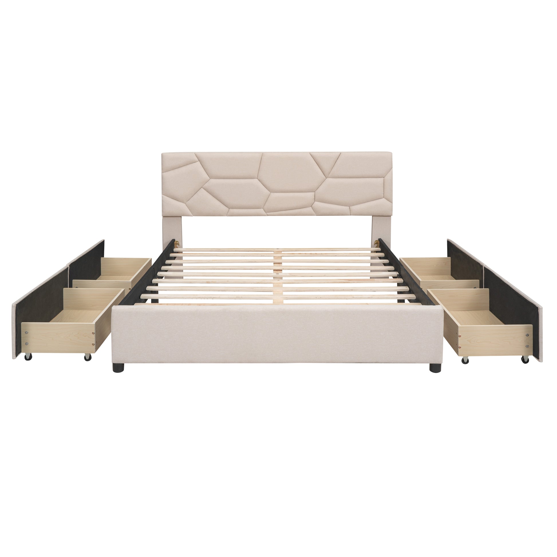 Queen Size Upholstered Platform Bed With Brick Pattern Headboard And 4 Drawers, Linen Fabric, Beige Beige Upholstered