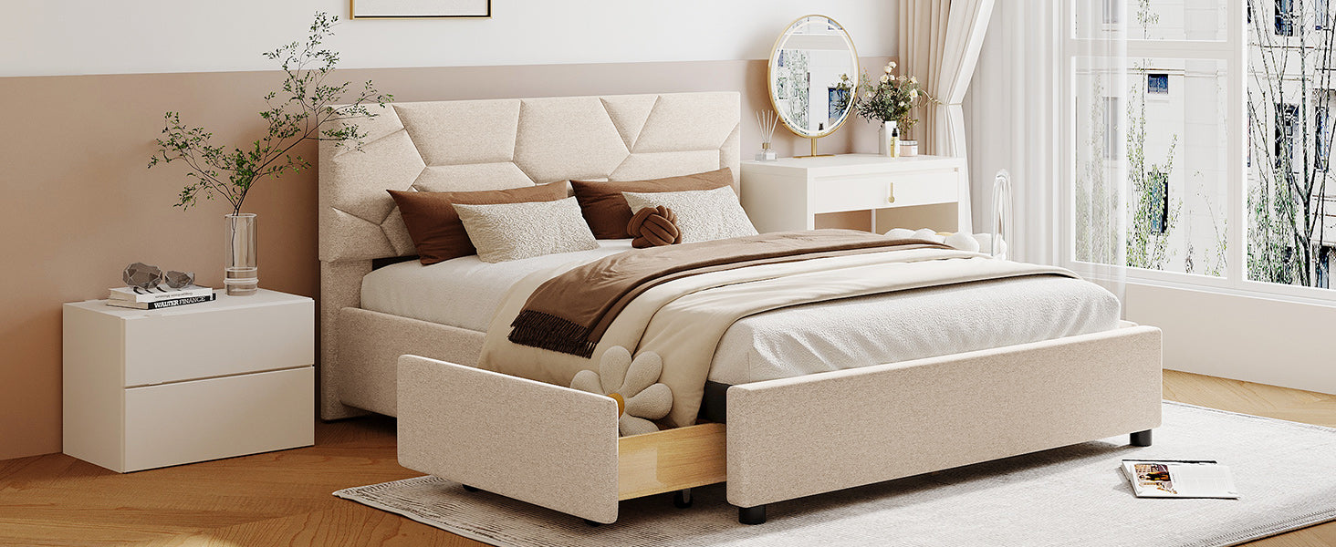 Queen Size Upholstered Platform Bed With Brick Pattern Headboard And 4 Drawers, Linen Fabric, Beige Beige Upholstered