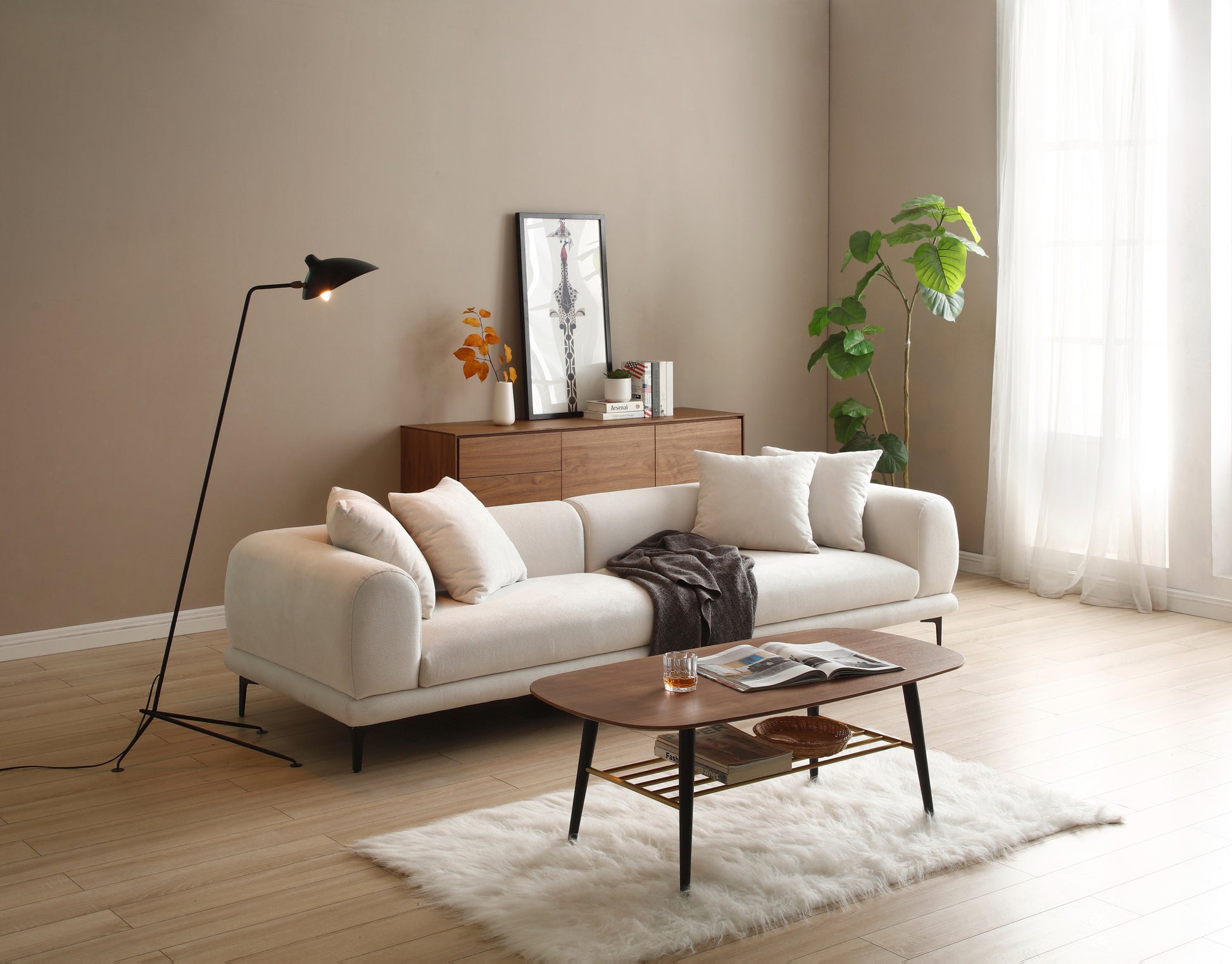 Mid Century Modern Sofa Couch 4 Seater Fabric Sofa For Livingroom, Office ,Apartment, Business Lounge, Waiting Area, Hotel Lobby Beige Beige Fabric