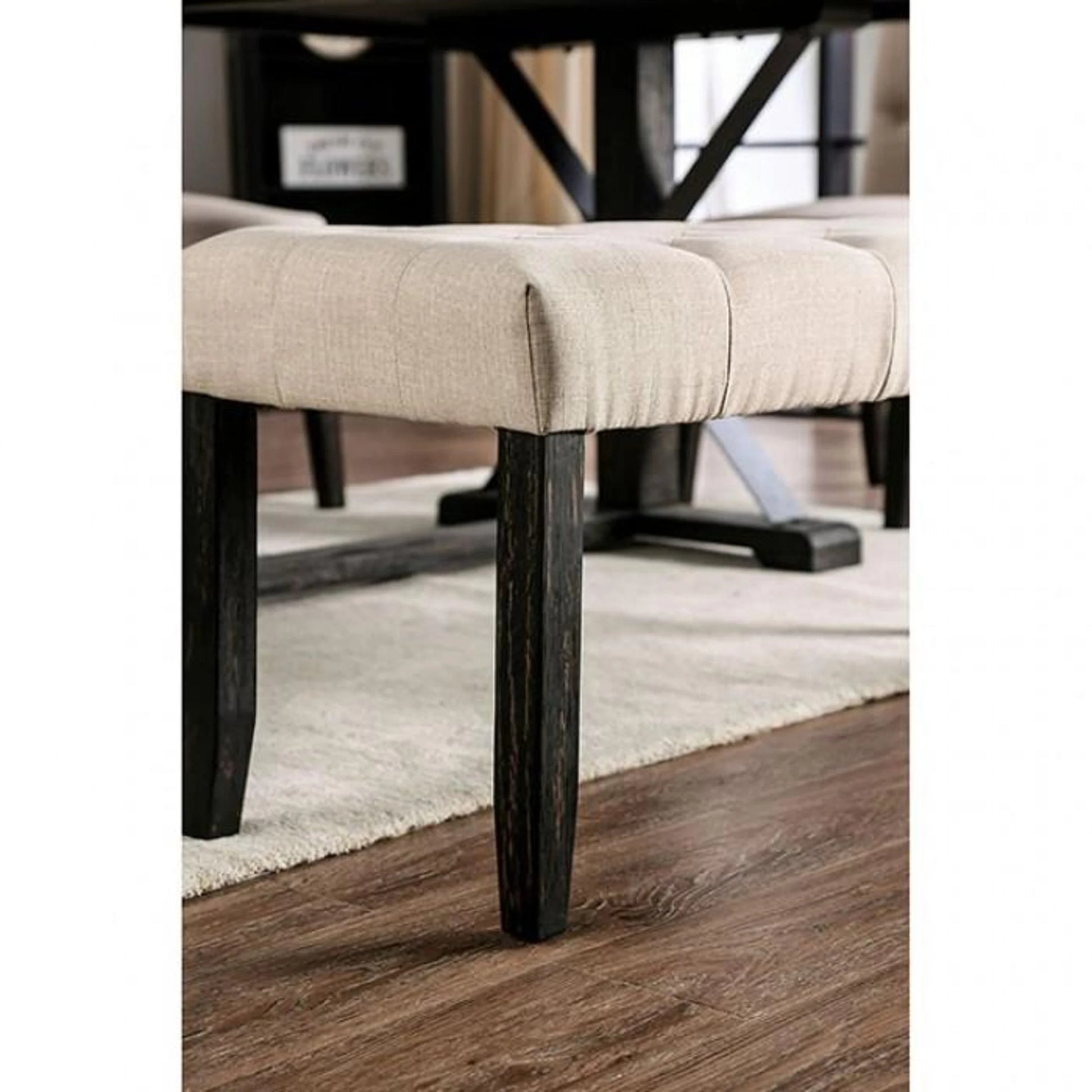 Classic Ivory 1Pc Bench Button Tufted Linen Like Fabric Solid Wood Chair Upholstered Seat Breakfast Rustic Dining Room Furniture Ivory Dining Room Contemporary,Rustic Solid Wood