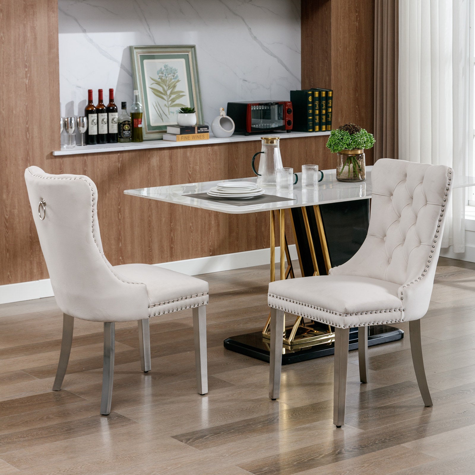 Nikki Collection Modern, High End Tufted Solid Wood Contemporary Velvet Upholstered Dining Chair With Chrome Stainless Steel Plating Legs,Nailhead Trim,Set Of 2 Beige And Chrome, Sw1701Bg Beige Foam Velvet