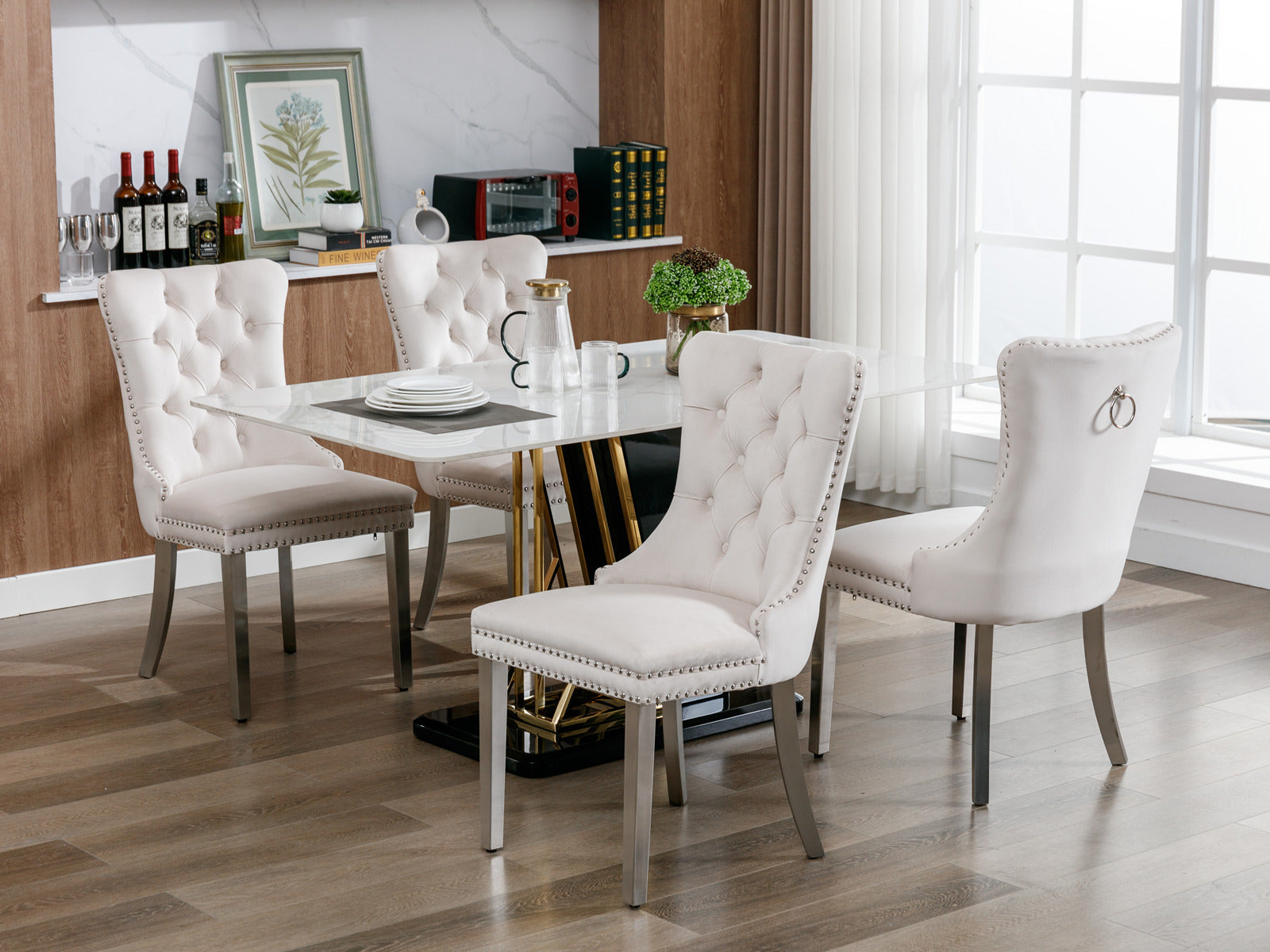 Nikki Collection Modern, High End Tufted Solid Wood Contemporary Velvet Upholstered Dining Chair With Chrome Stainless Steel Plating Legs,Nailhead Trim,Set Of 2 Beige And Chrome, Sw1701Bg Beige Foam Velvet
